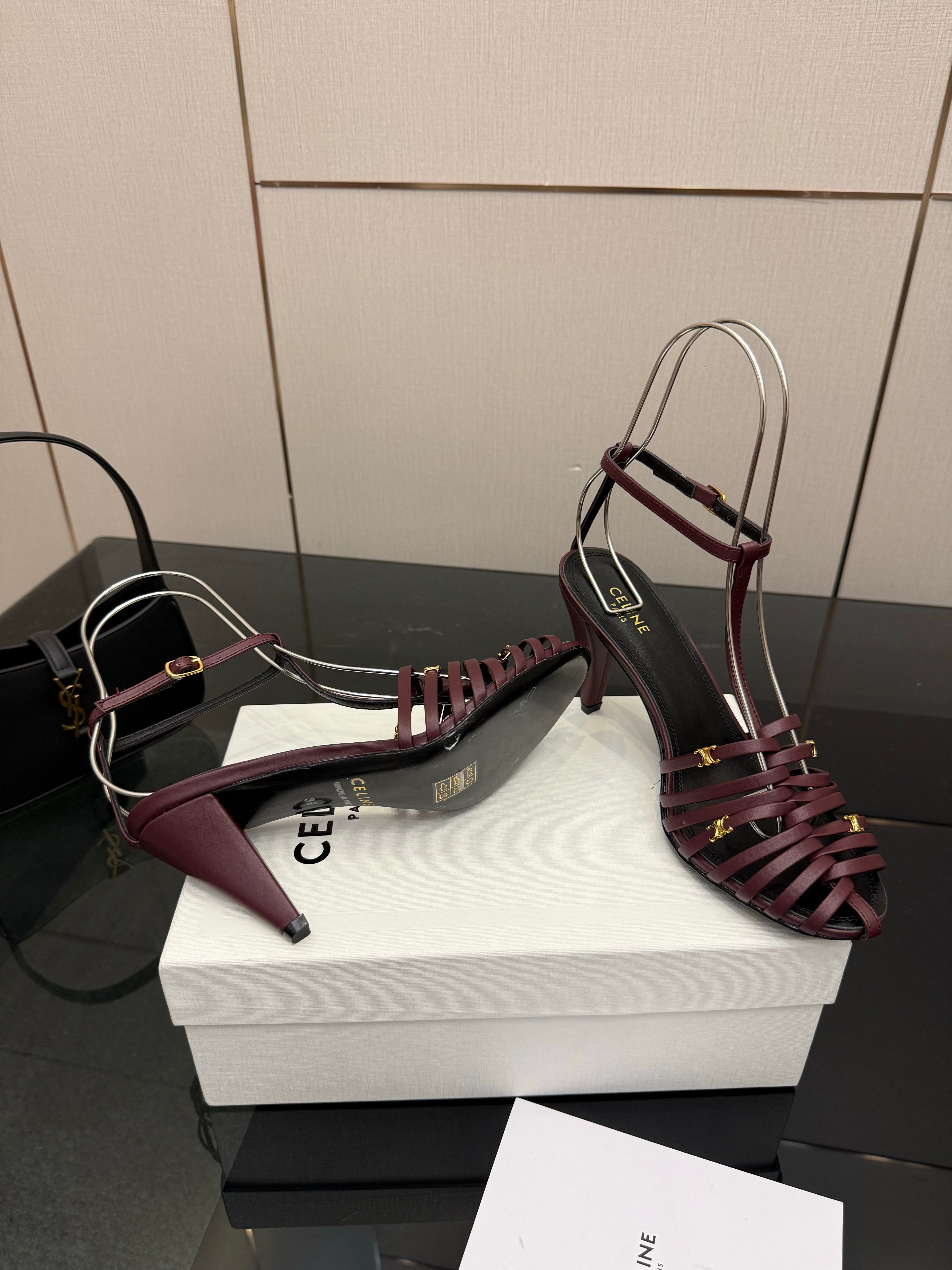 Celine Cage Heeled Sandal 9cm Burgundy Calfskin 725648
