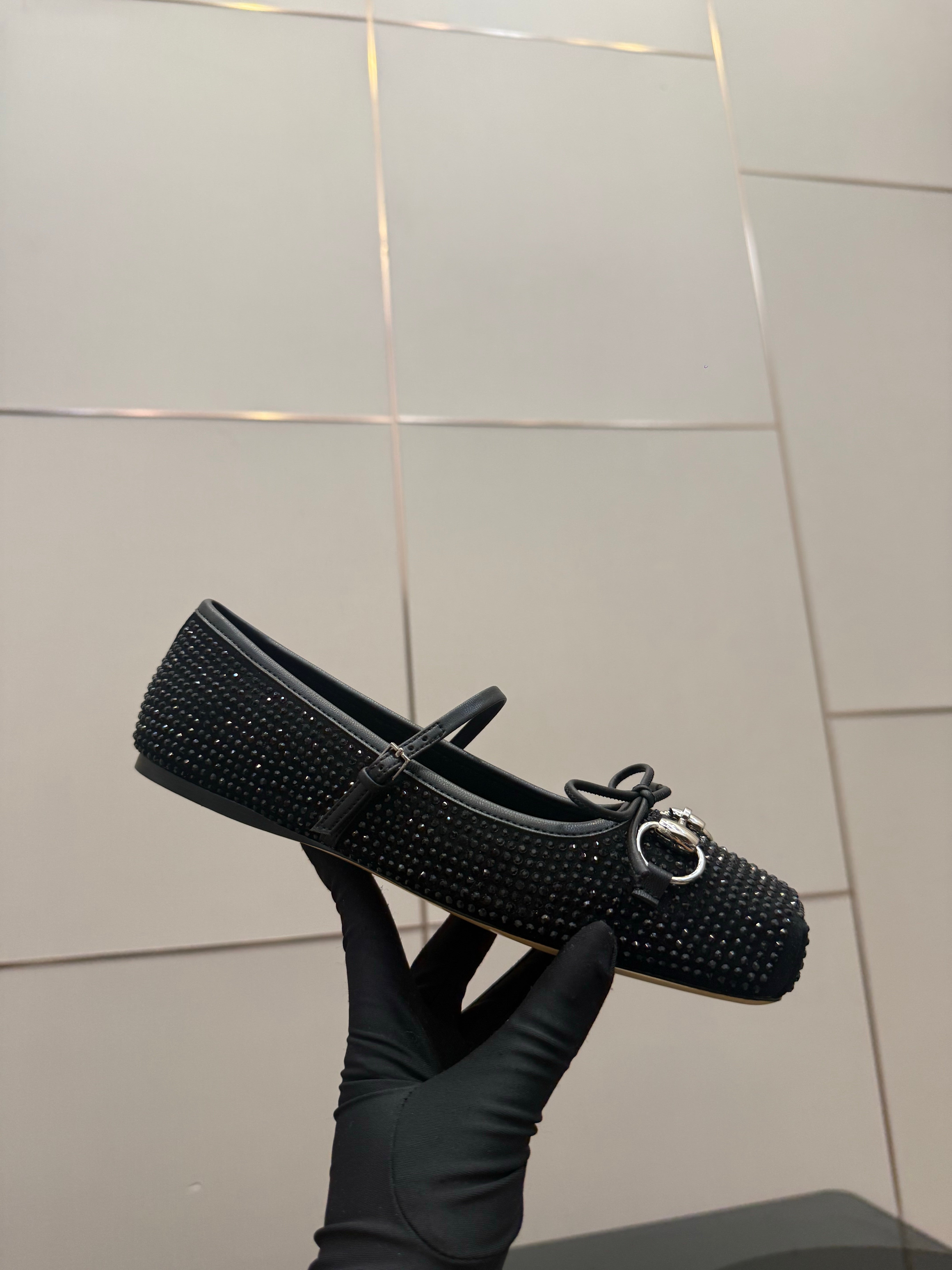 GG Ballerina Flats Square Toe Black Leather 725284