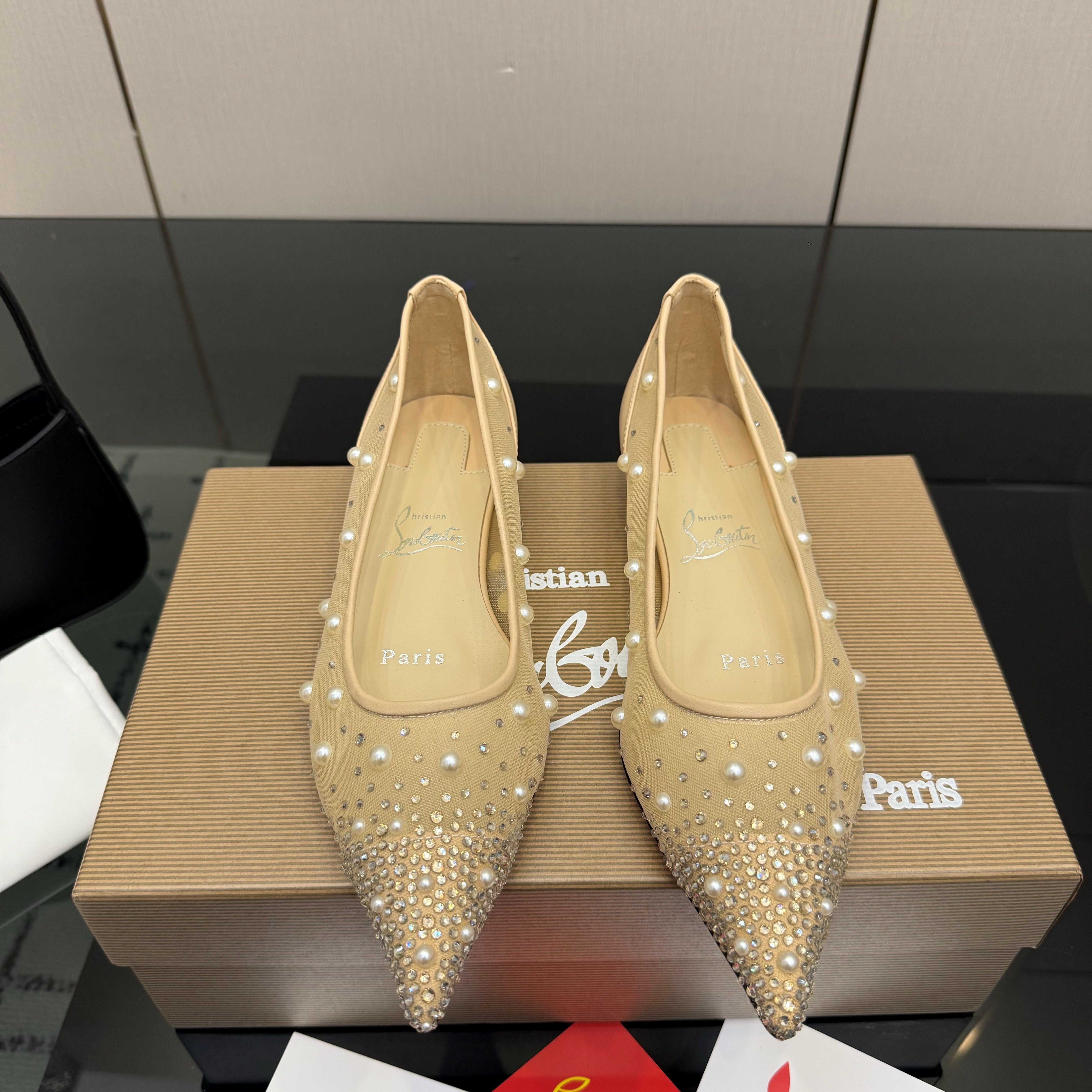 CL Degrastrassina Perla Ballet Flat Light Beige Mesh 828157