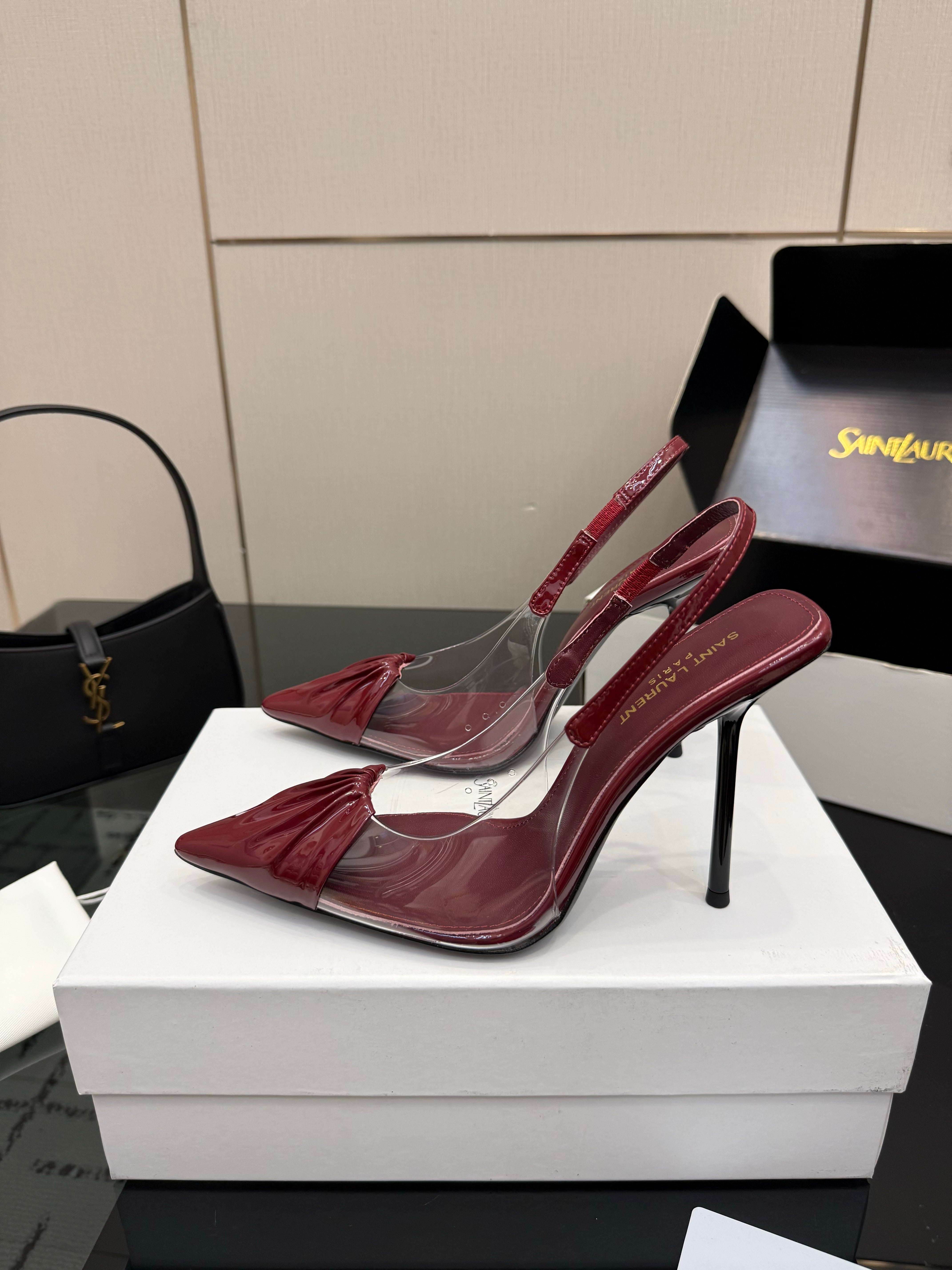 YSL Chica Slingback 10.5cm Burgundy Leather 828237
