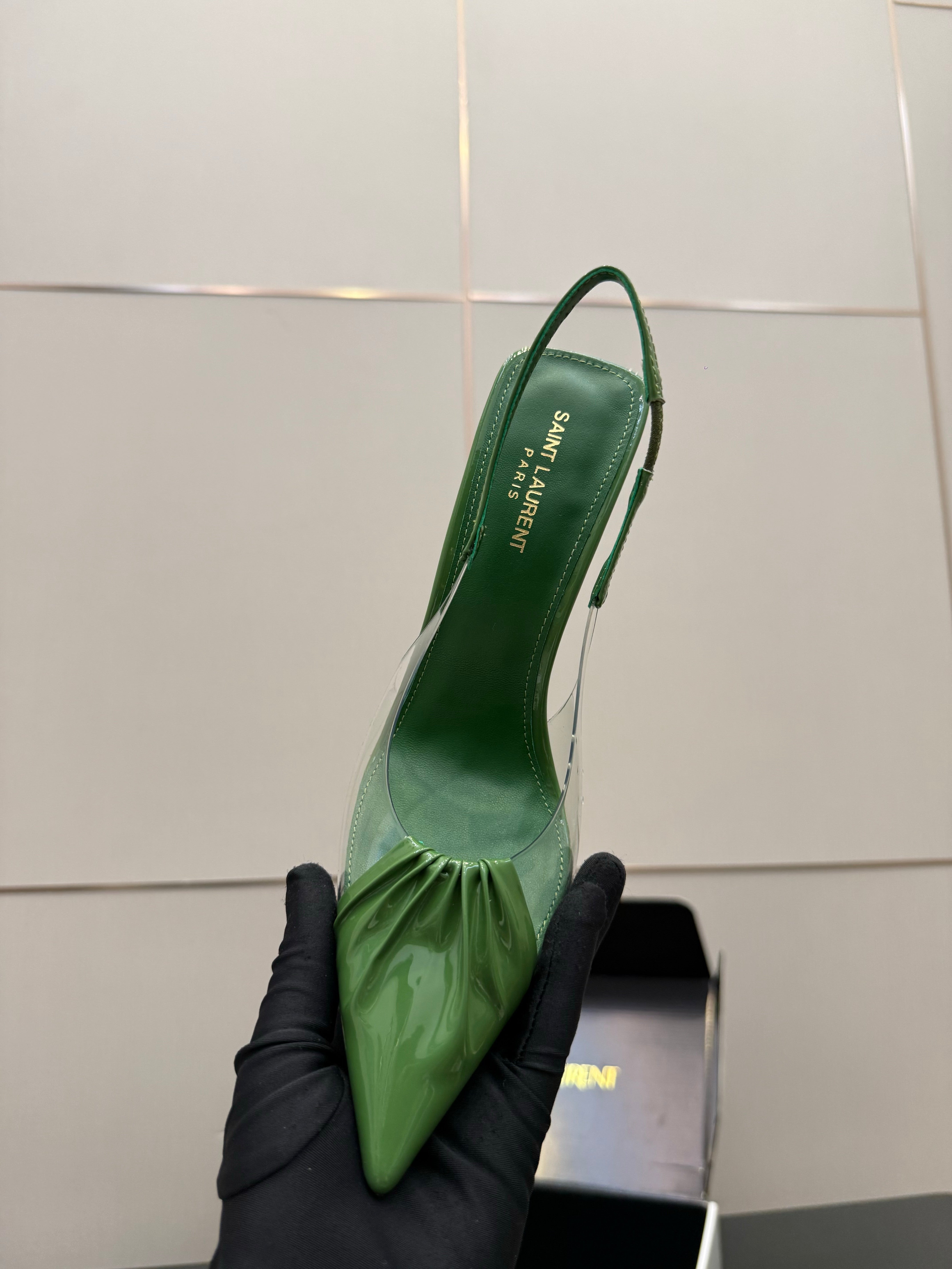 YSL Chica Slingback 10.5cm Green Leather 828240