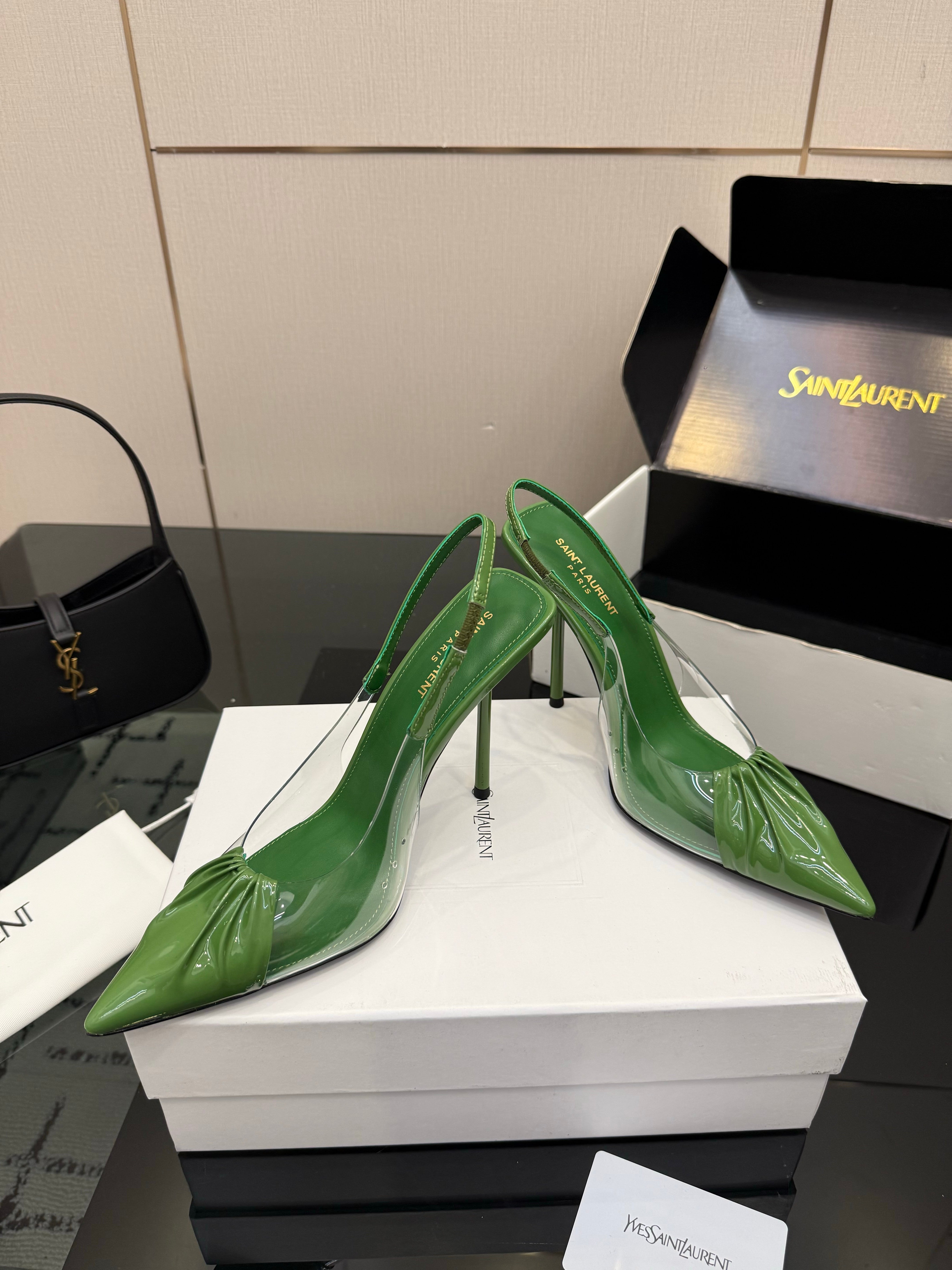 YSL Chica Slingback 10.5cm Green Leather 828240