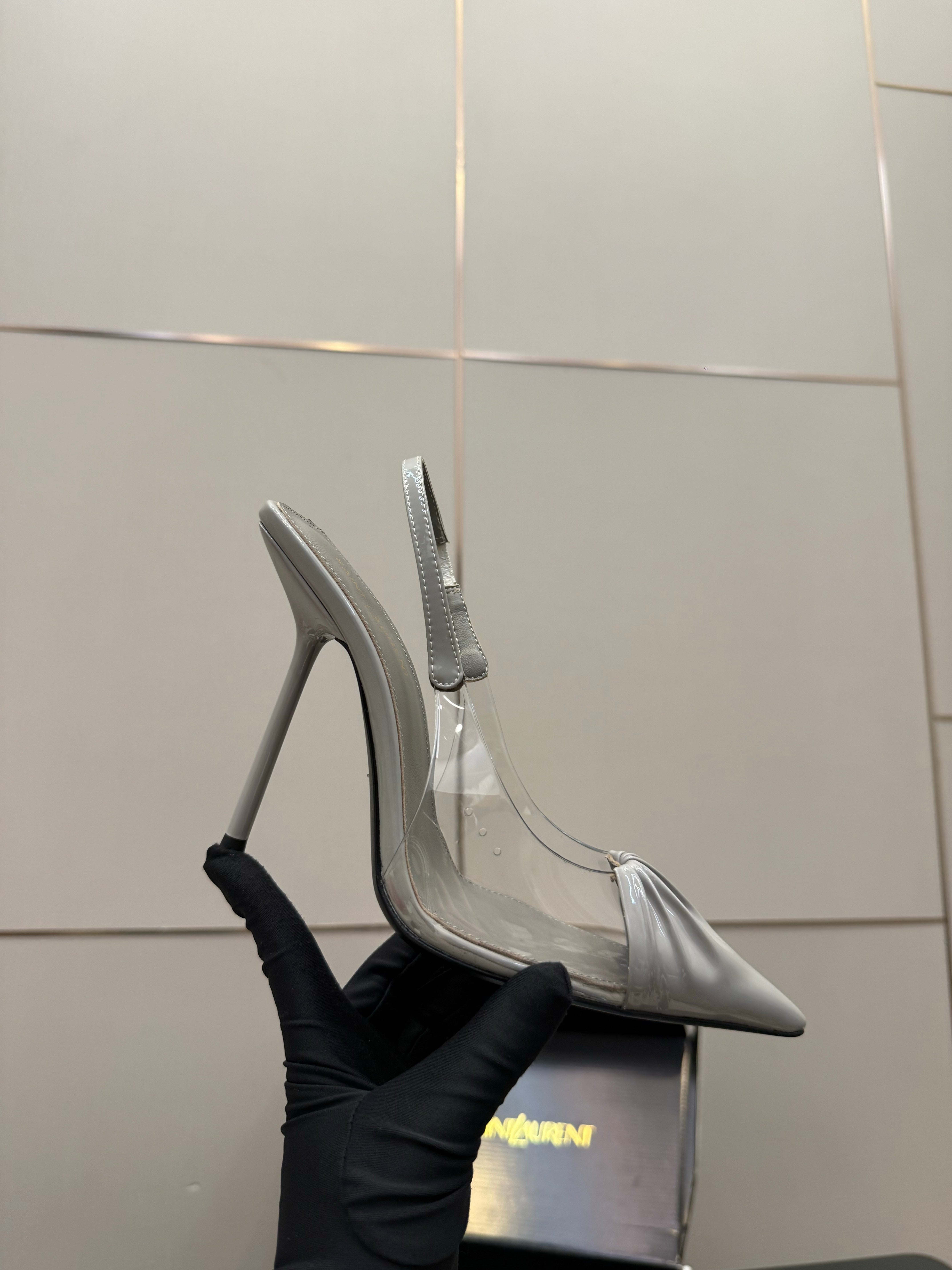 YSL Chica Slingback 10.5cm Grey Leather 828242