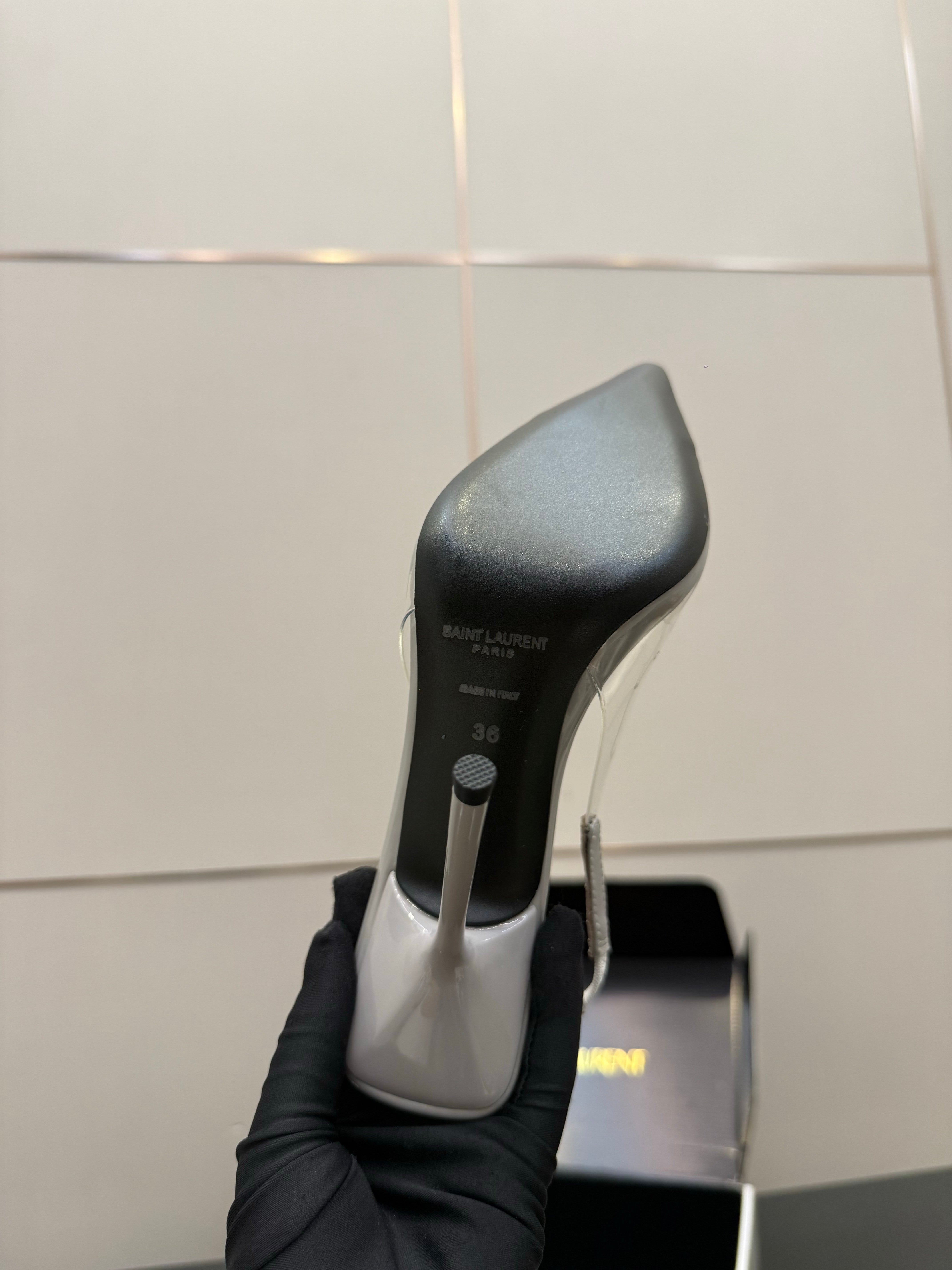YSL Chica Slingback 10.5cm Grey Leather 828242