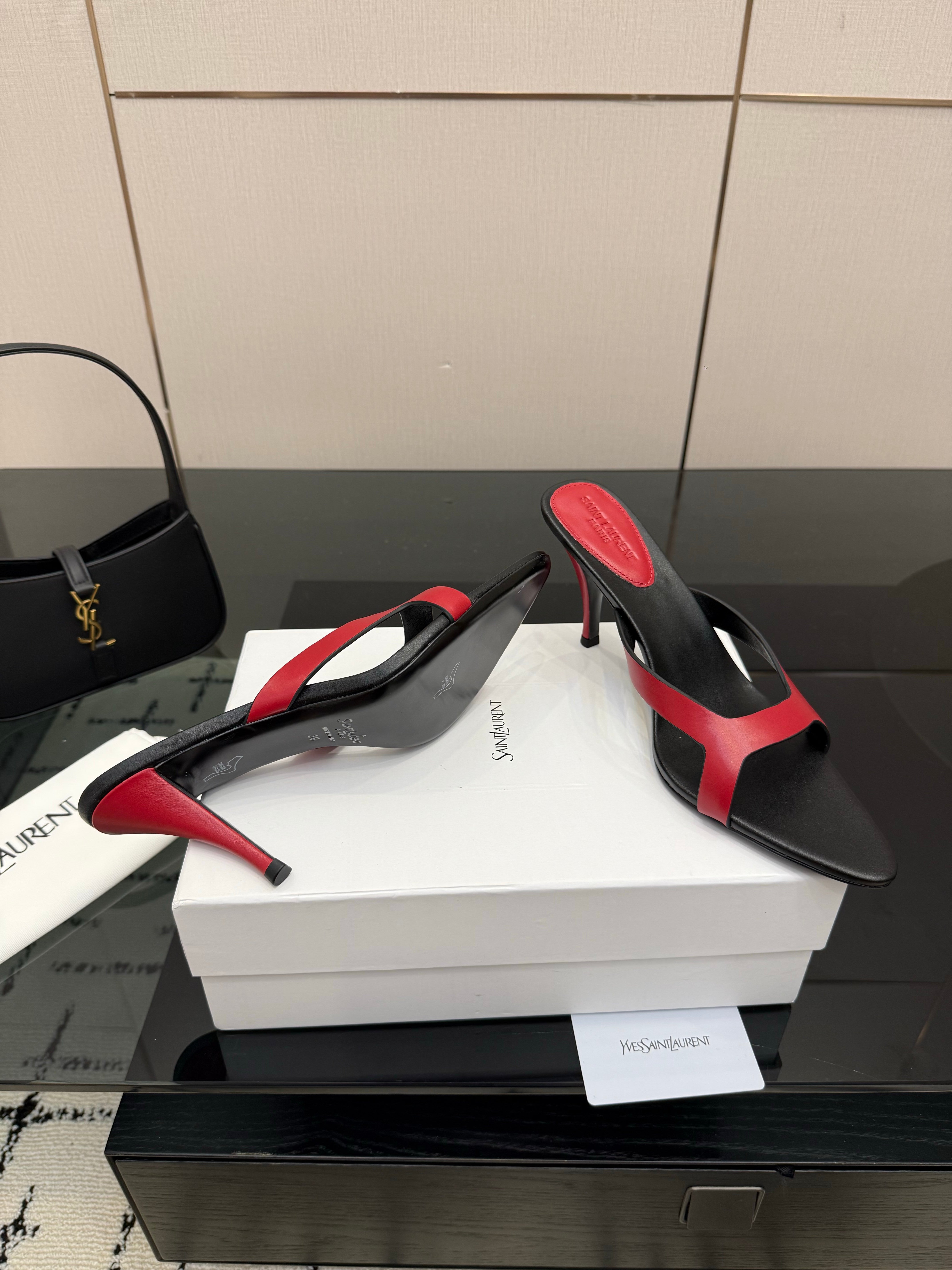 YSL Sandal 9cm Black Red Cowhide 828247