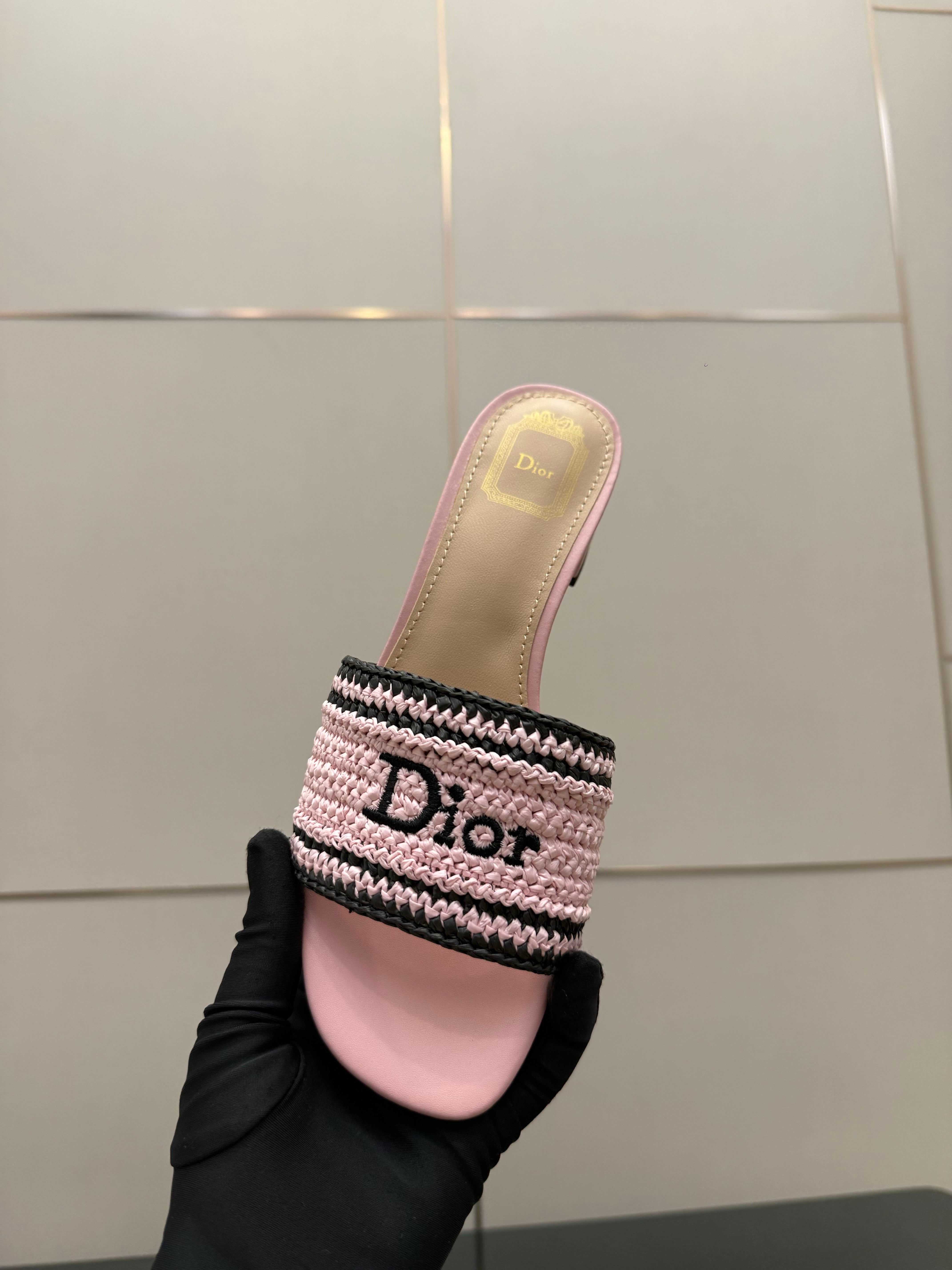 CD Dioriviera Woven Slides 4cm Pink Fabric Goatskin 828258