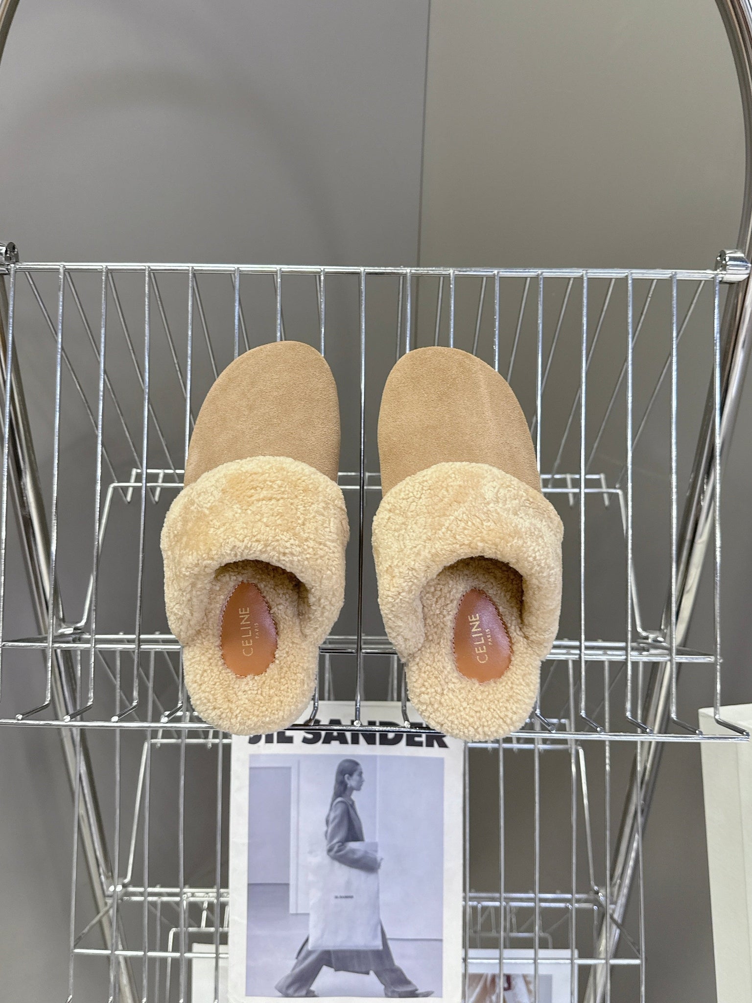 Celine 26s Wedge Mules In Sand Beige Suede And Wool