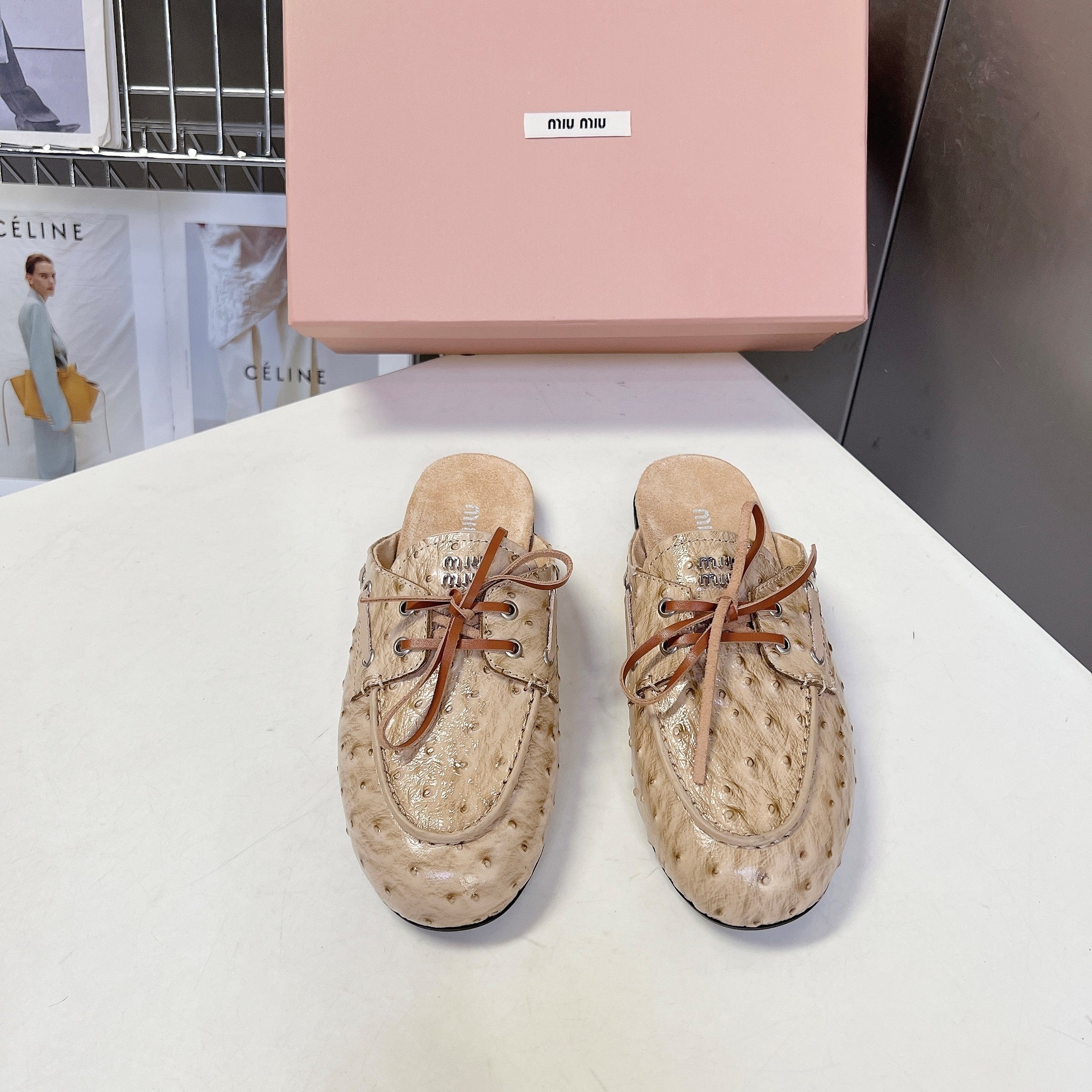 Miu 26s Loafer Mules Beige Ostrich Leather 794785