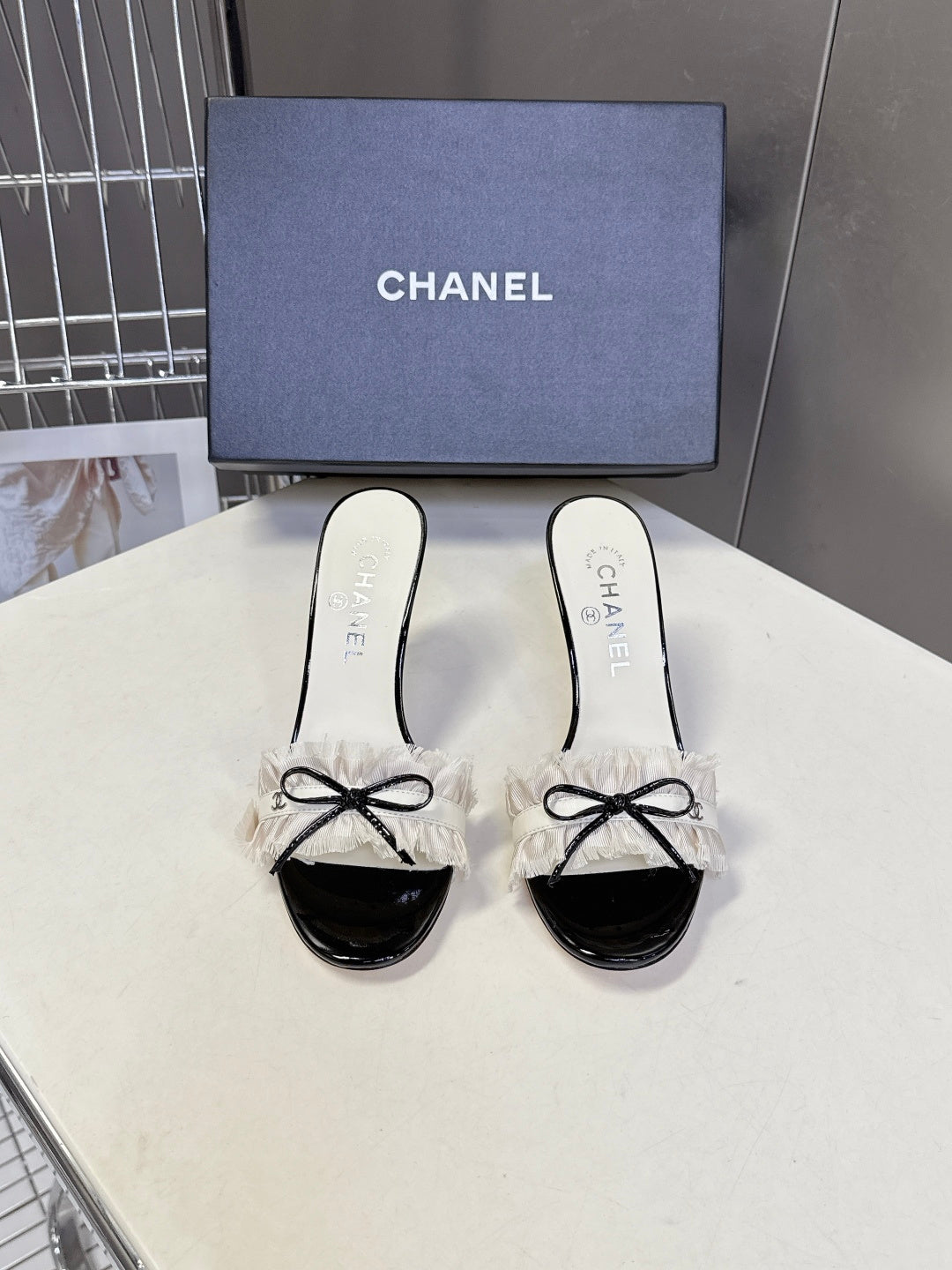 CC Ruffled Bow Mules Black White Fabric Lambskin 962303