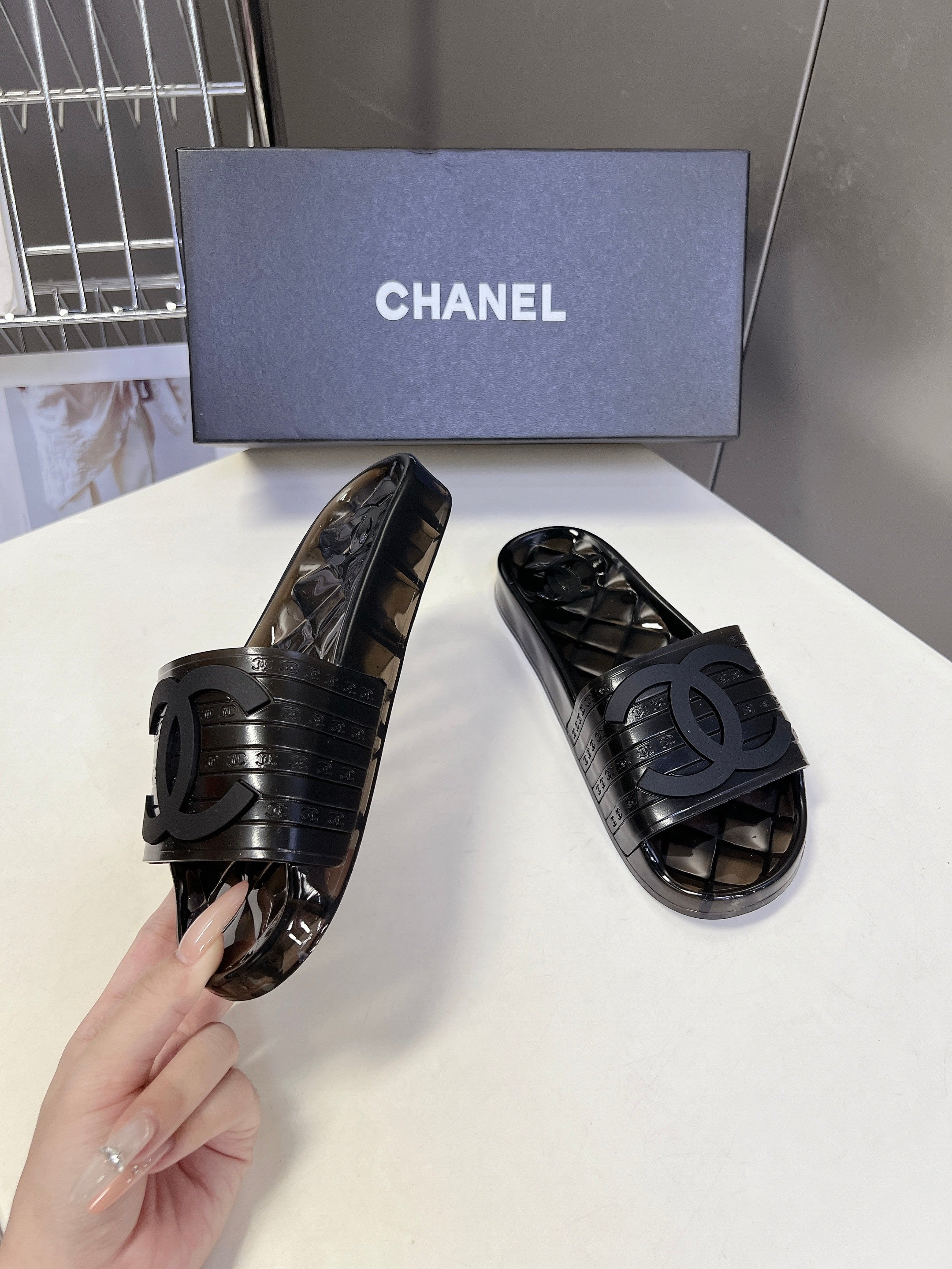 CC 26s Flat Slide Sandals Black PVC Transparent 947932