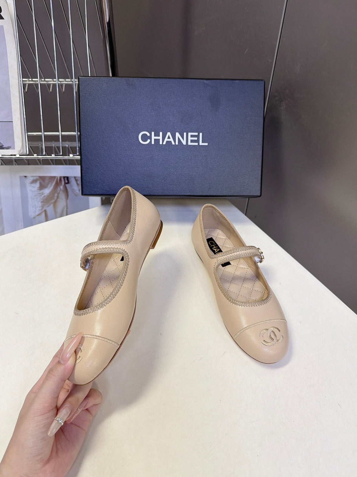 CC 26s Ballet Flats Beige Quilted Lamskin 947971