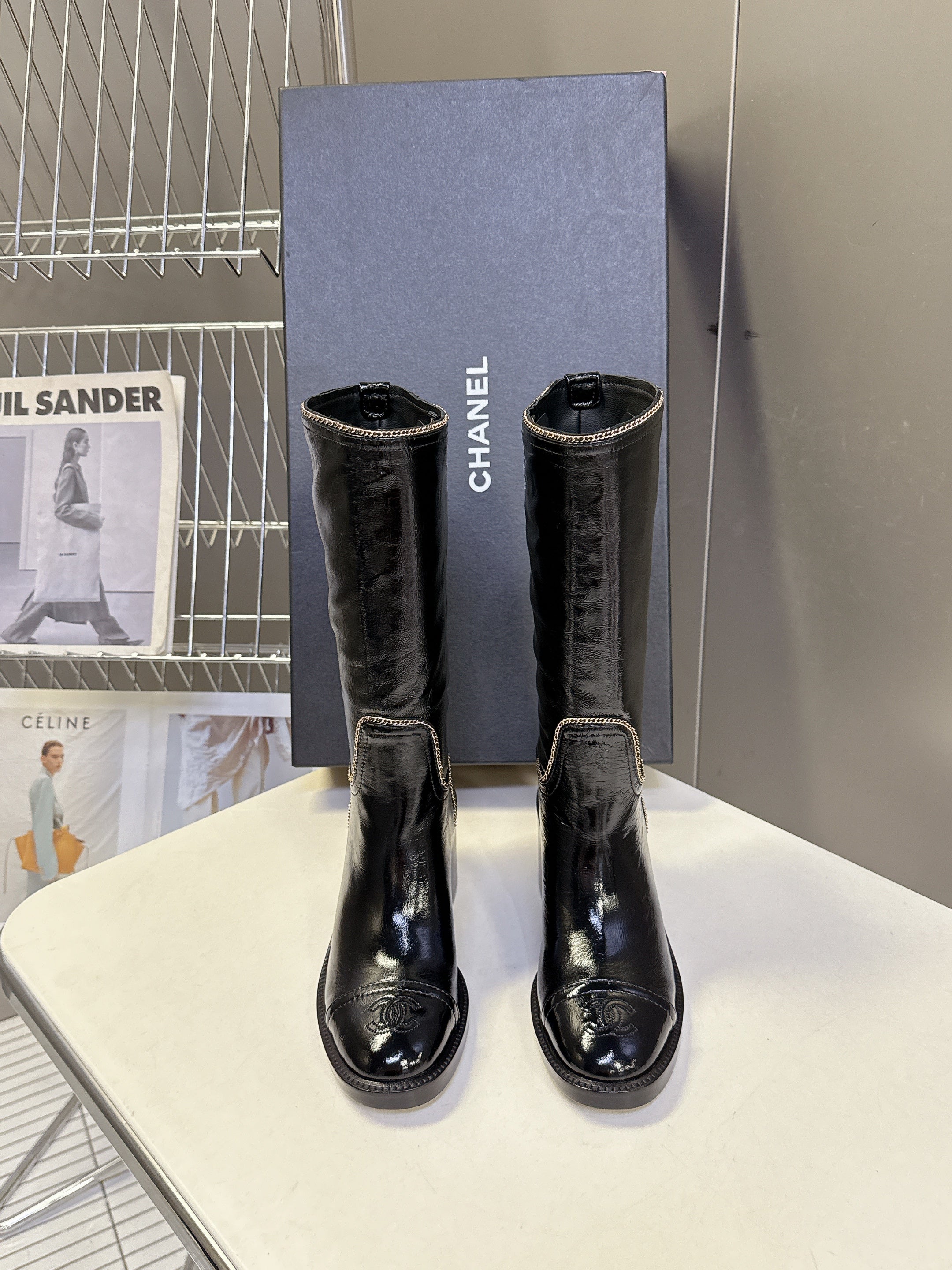 CC 26s Chain-Embellished Long Boots Black Glossy Lambskin 948052