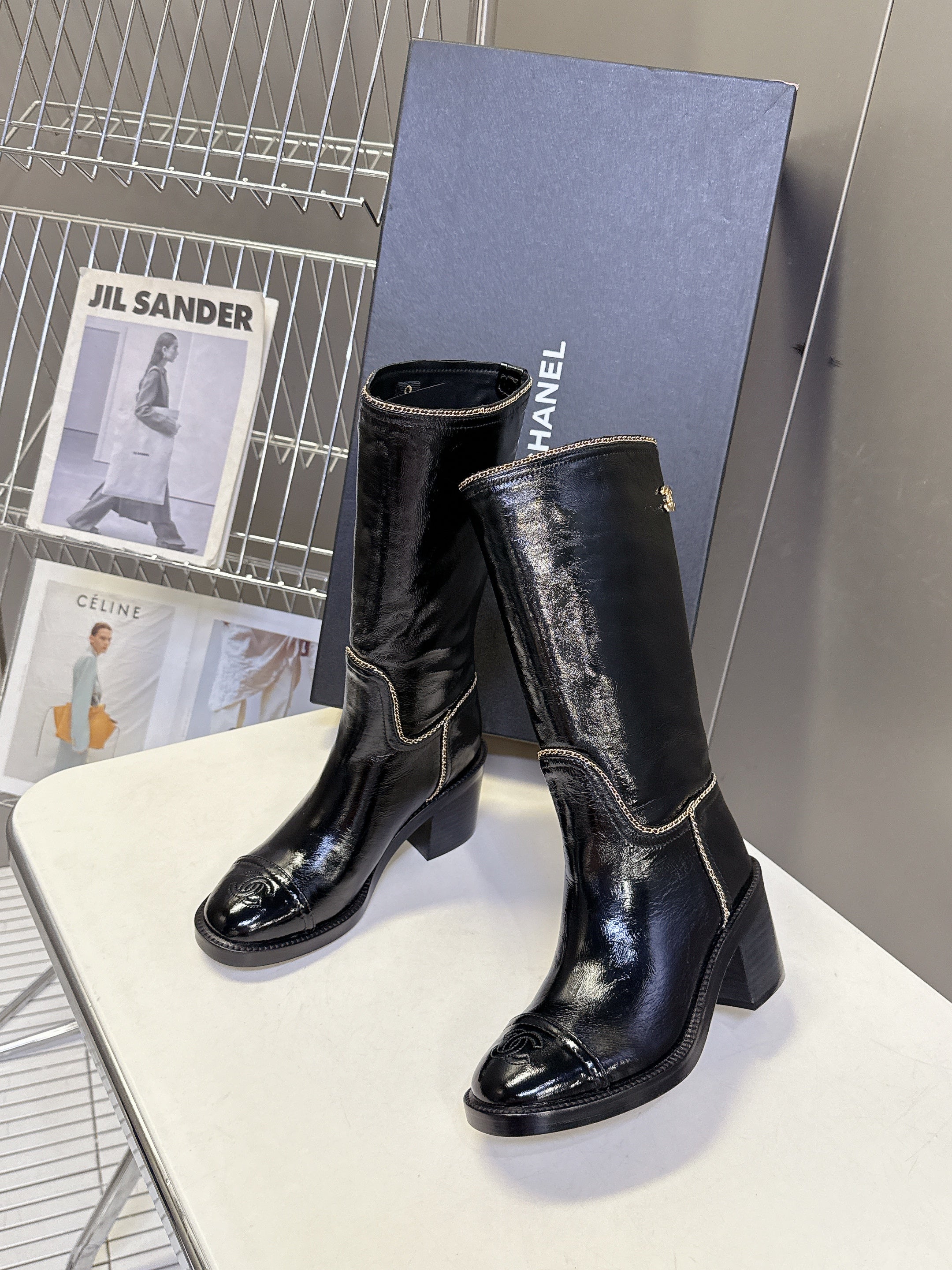 CC 26s Chain-Embellished Long Boots Black Glossy Lambskin 948052