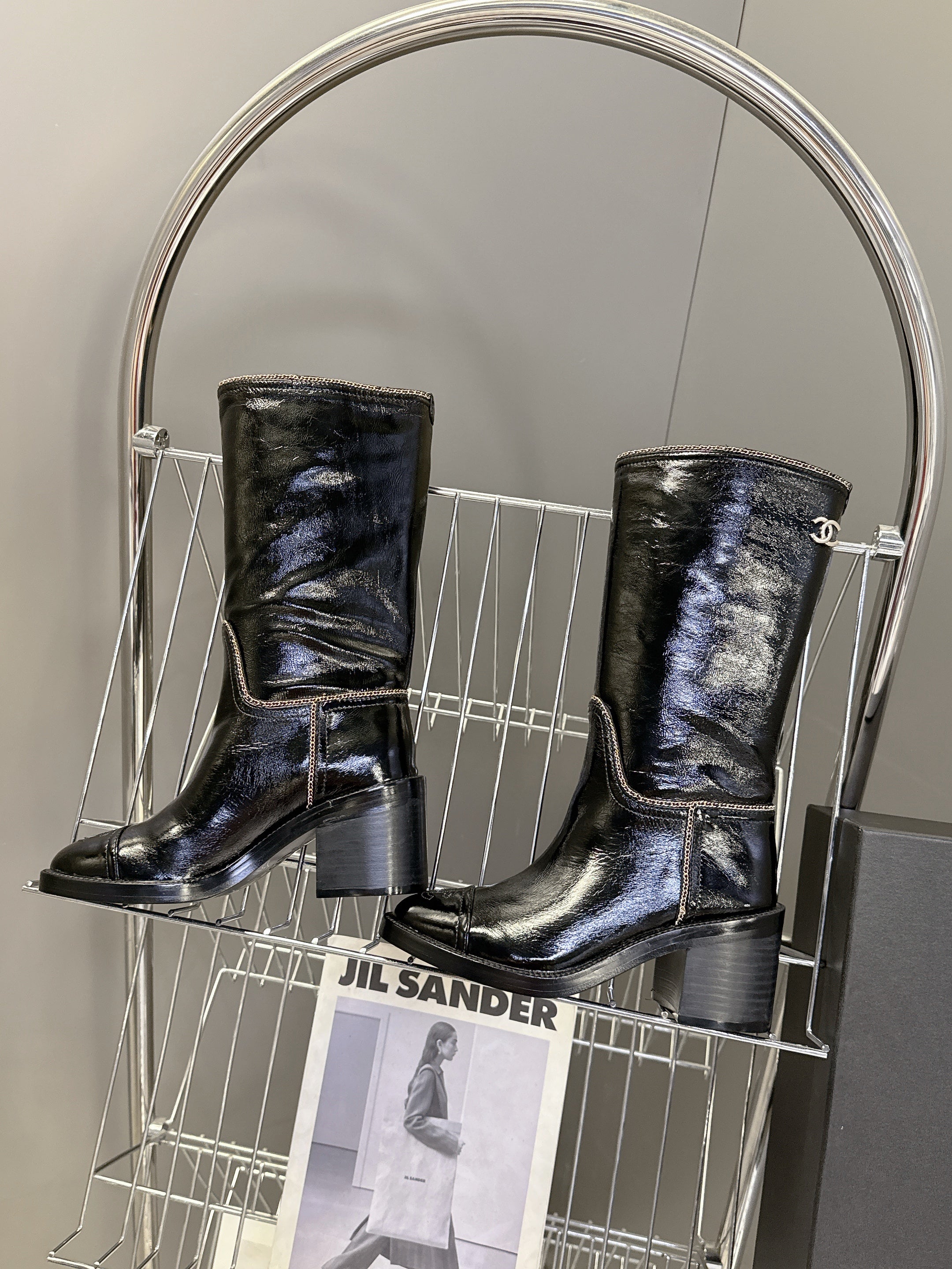 CC 26s Chain-Embellished Long Boots Black Glossy Lambskin 948052