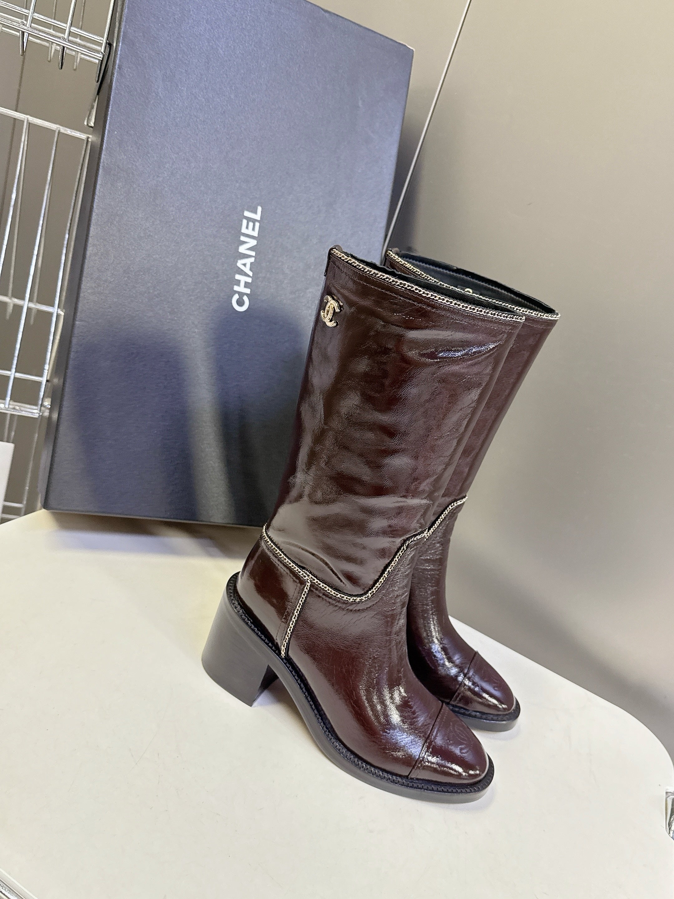 CC 26s Chain-Embellished Long Boots Brown Glossy Lambskin 948053