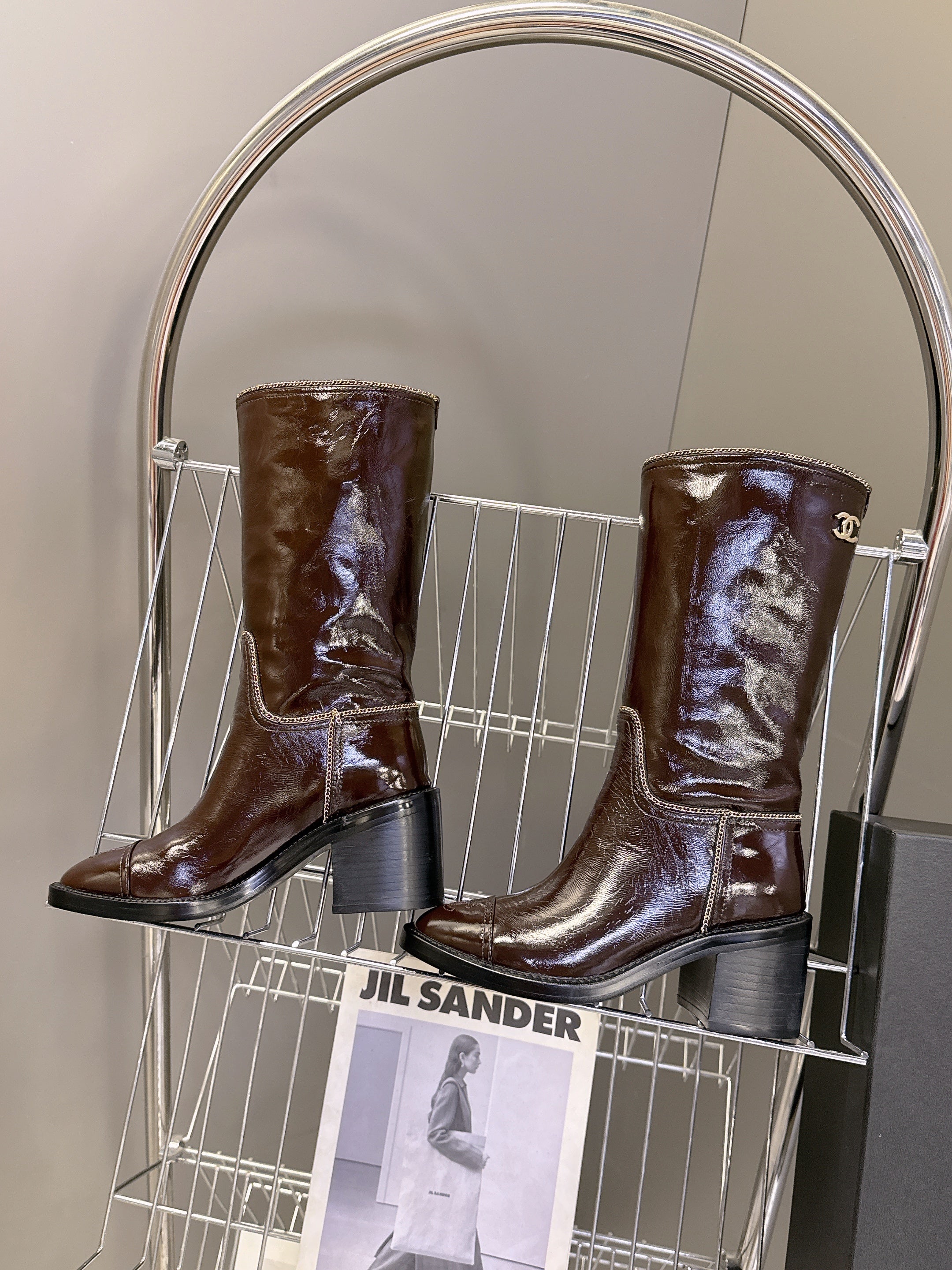 CC 26s Chain-Embellished Long Boots Brown Glossy Lambskin 948053