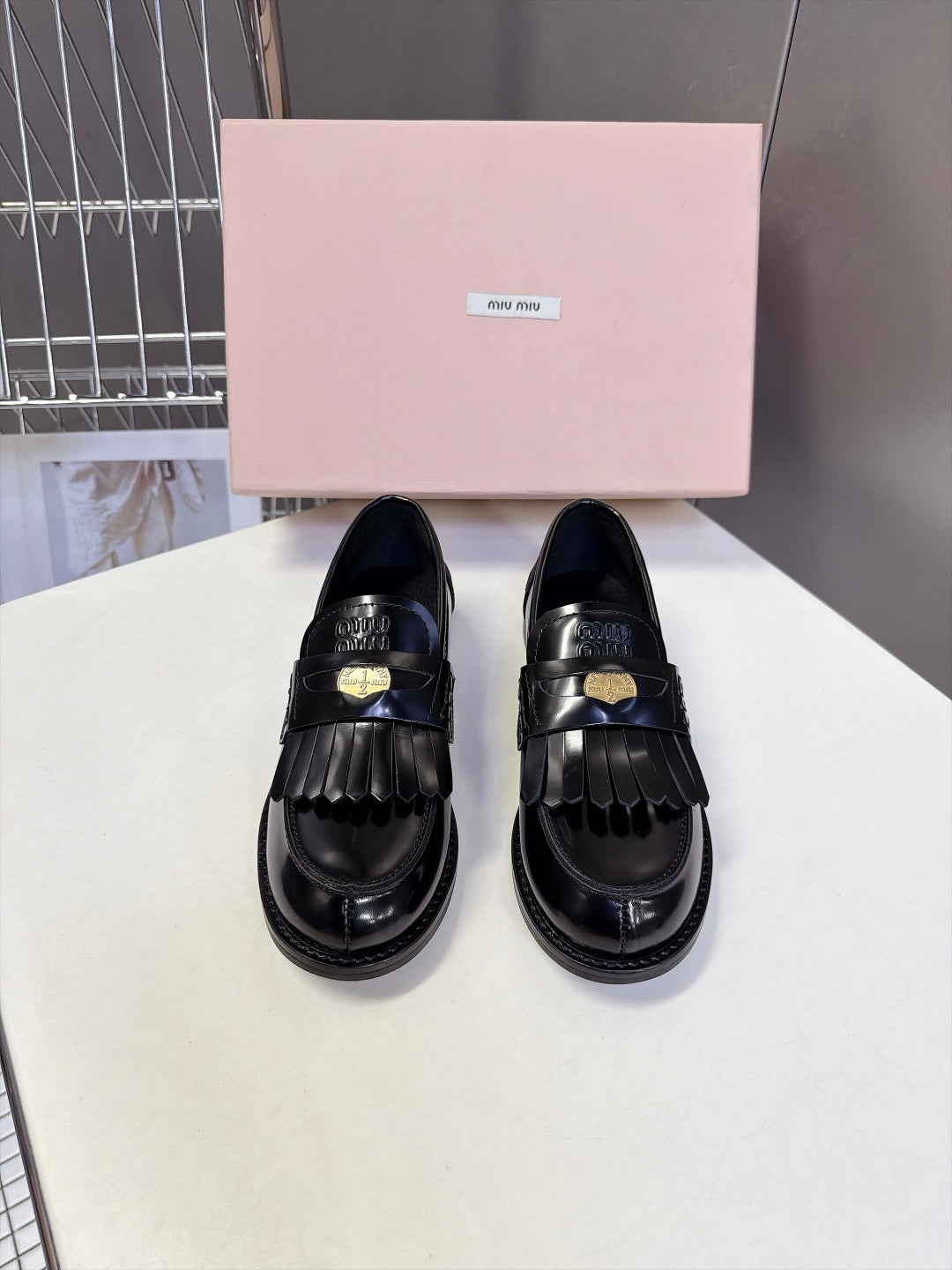 Miu 26s Fringe Loafers Black Glossy Leather 994218