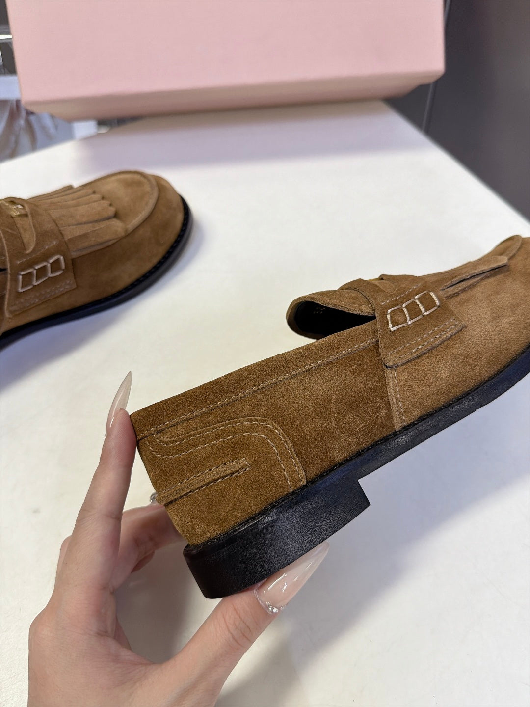 Miu 26s Fringe Loafers Brown Suede 994221