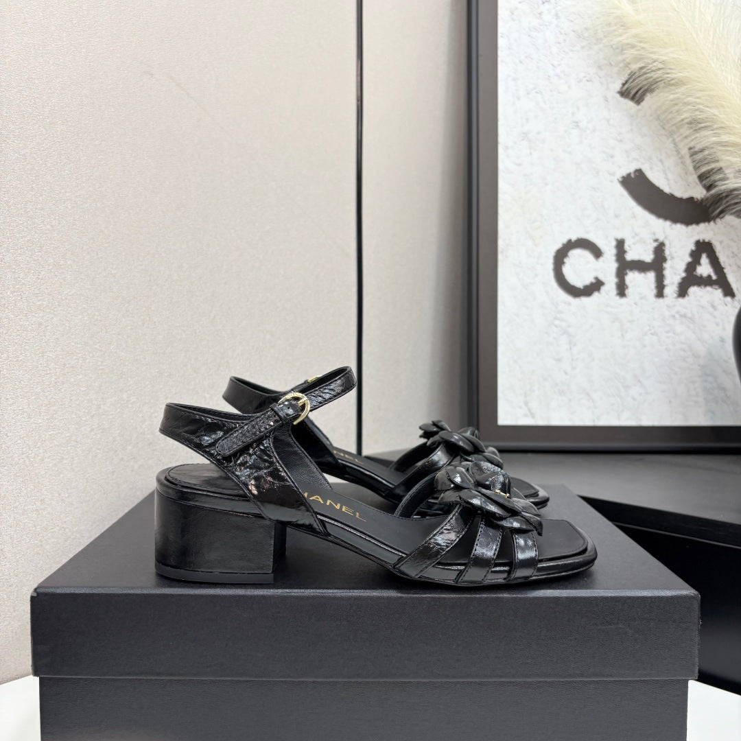 CC 25 Camellia Open Heel Sandals 50mm Black Sheepskin 368813