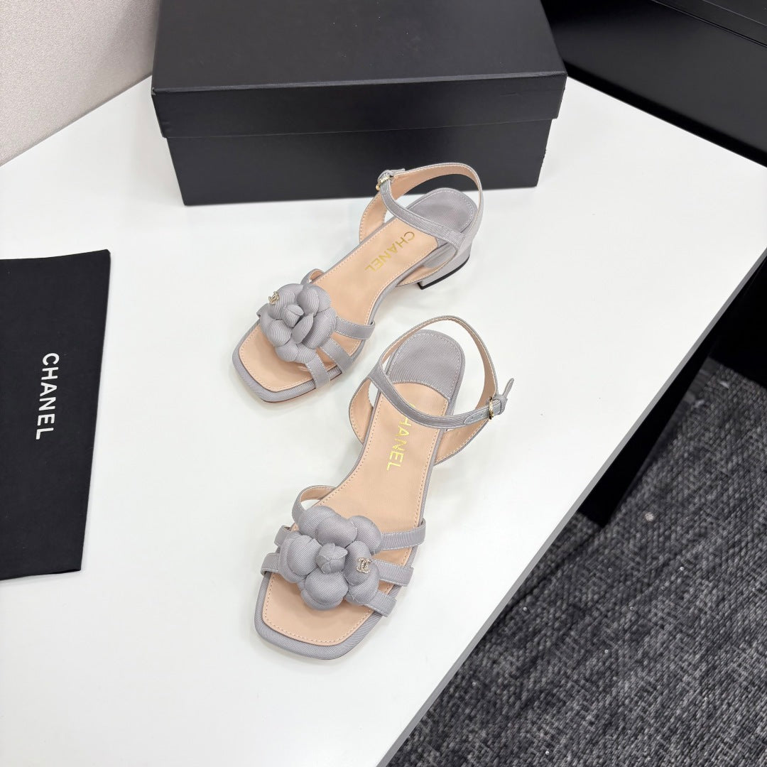 CC 25 Camellia Open Heel Sandals 50mm Grey Beige Sheepskin And Fabric 368814
