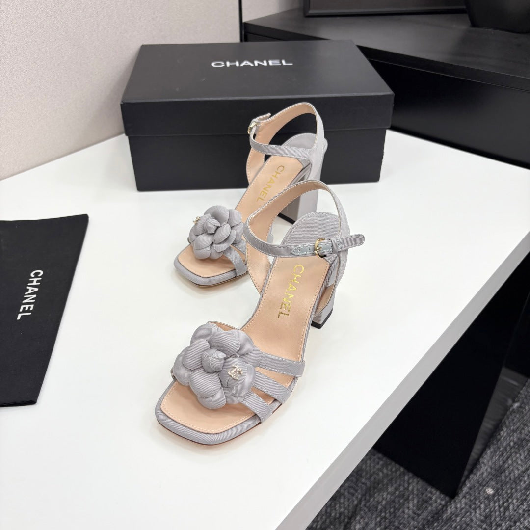CC 25 Camellia Open Heel Sandals 90mm Grey Beige Sheepskin And Fabric 368817