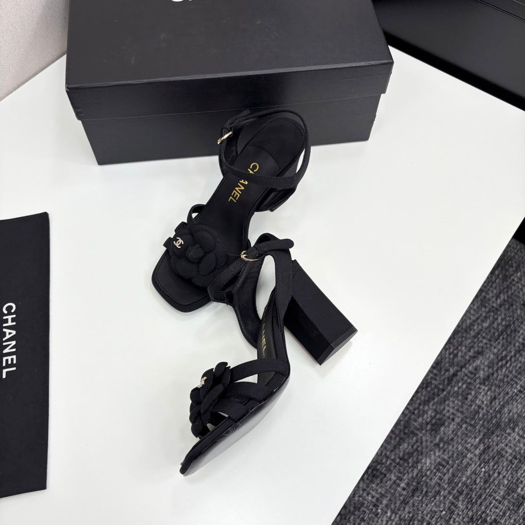 CC 25 Camellia Open Heel Sandals 90mm Black Sheepskin And Fabric 368819
