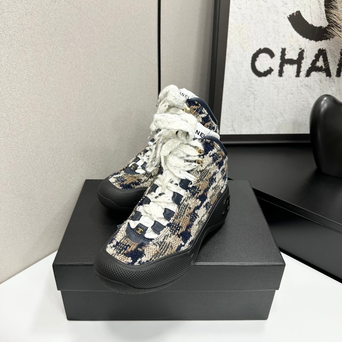 CC 26s High Top Sneakers Navy Beige Tweed Calfskin 135144