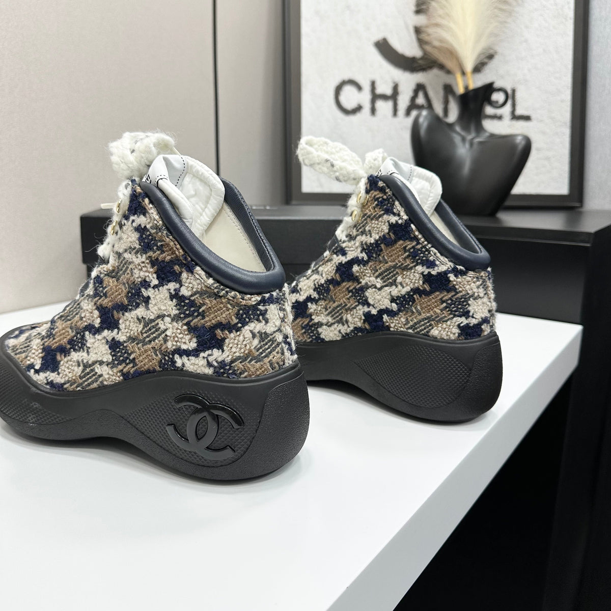 CC 26s High Top Sneakers Navy Beige Tweed Calfskin 135144