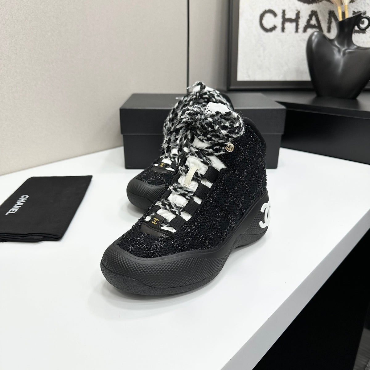 CC 26s High Top Sneakers Black Tweed Calfskin 135146