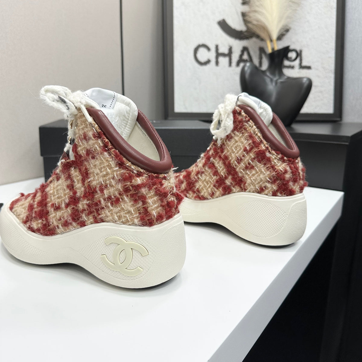 CC 26s High Top Sneakers Beige Red Tweed Calfskin 135145