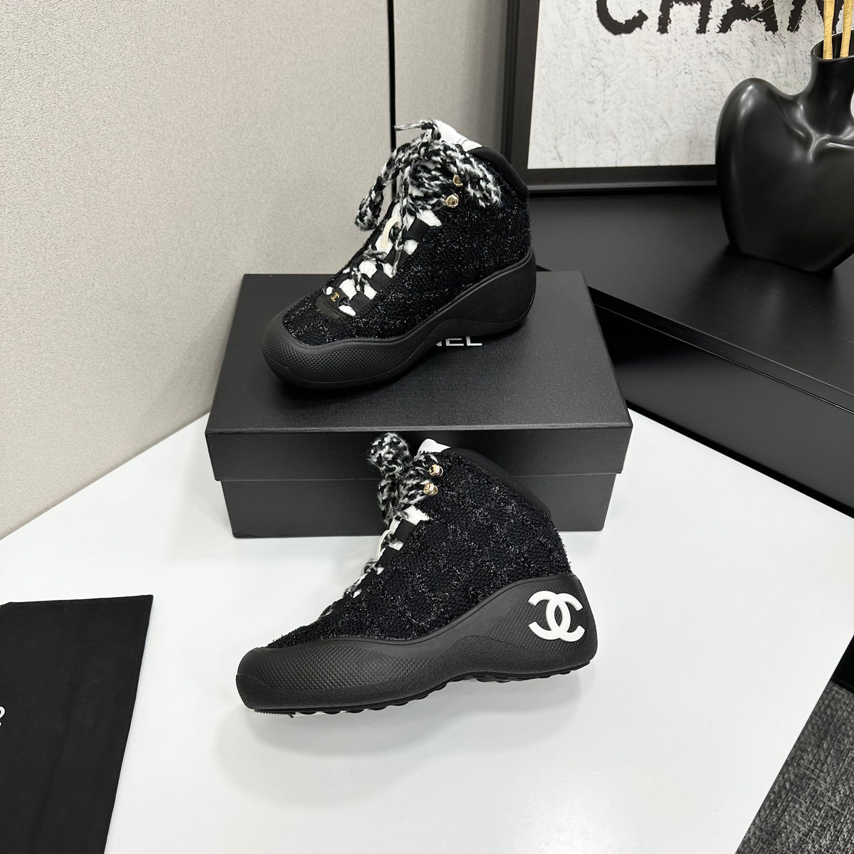 CC 26s High Top Sneakers Black Tweed Calfskin 135146