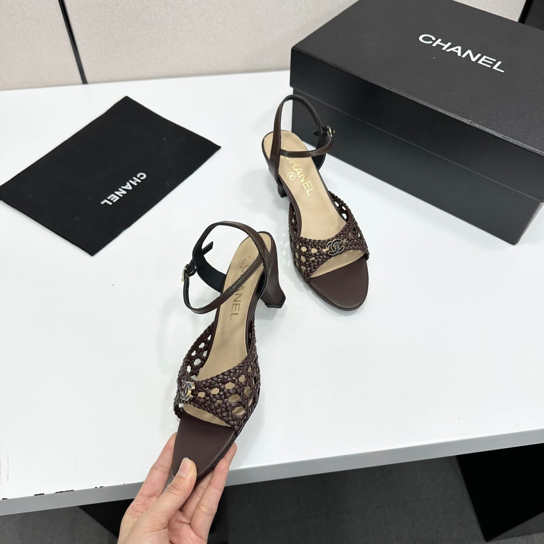 CC Openwork Sandals Coffee Woven Sheepskin 743266