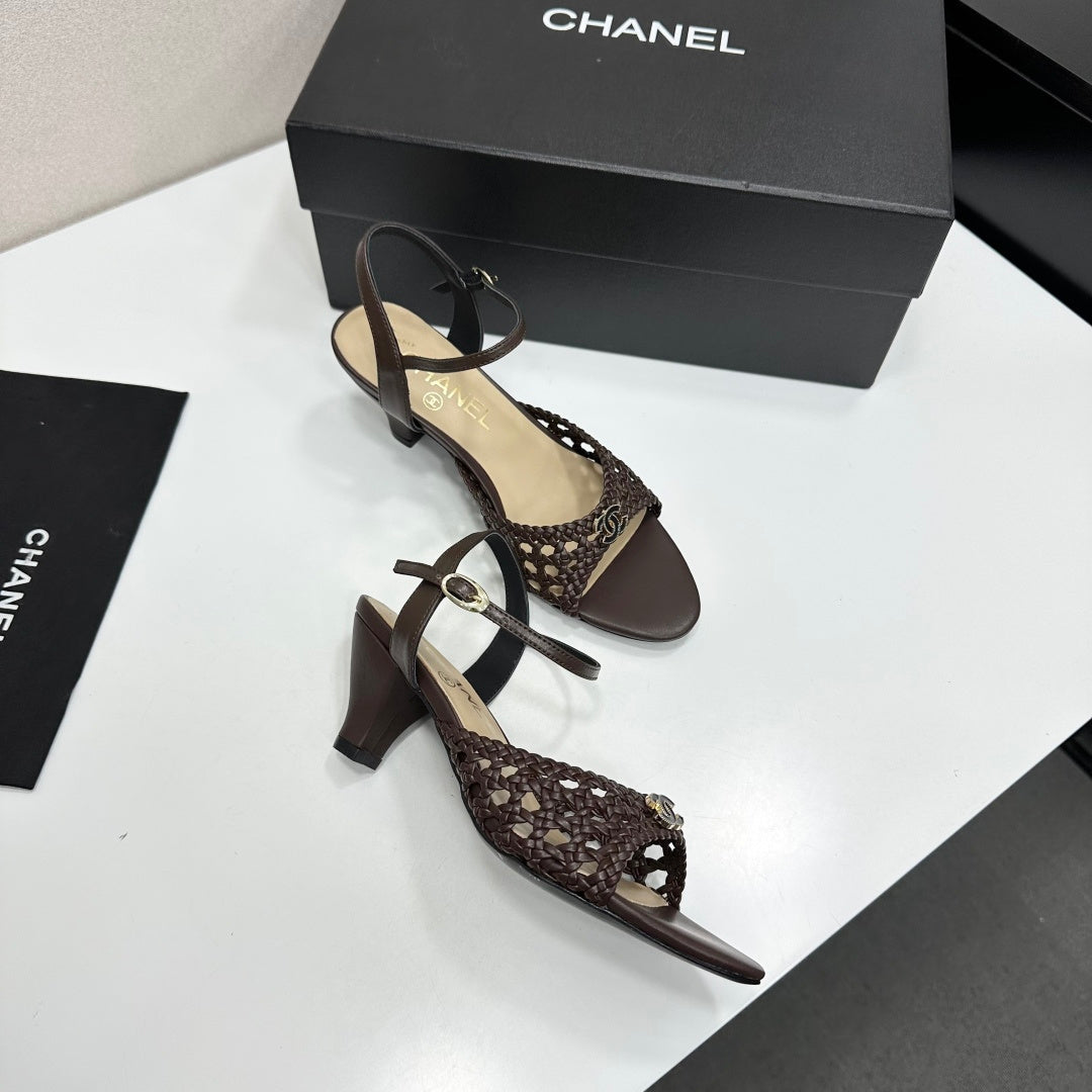 CC Openwork Sandals Coffee Woven Sheepskin 743266