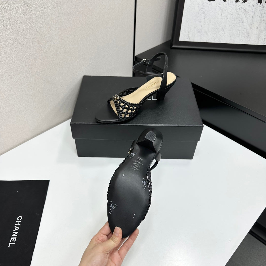 CC Openwork Sandals Black Woven Sheepskin 743268