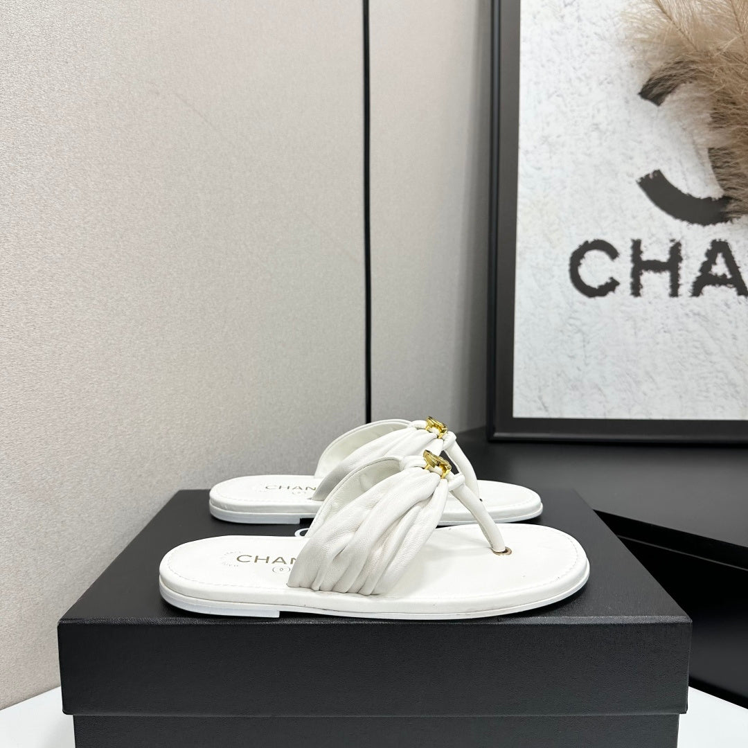 Chanel 26S Thong Sandals In White Lambskin