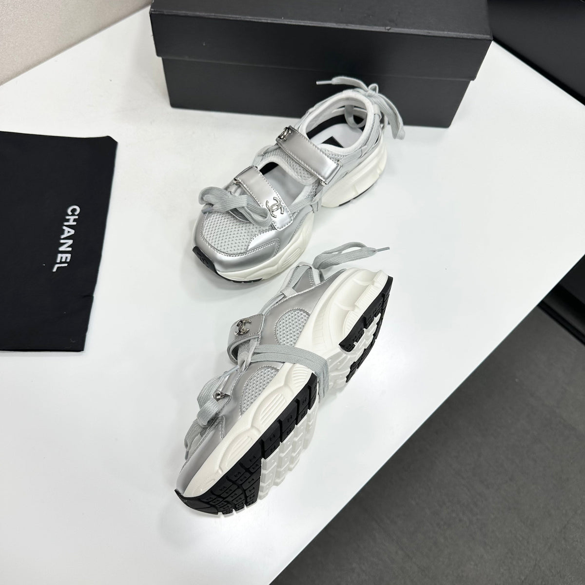 CC 26s Strappy Sneakers Silver Fabric Calfskin 135667