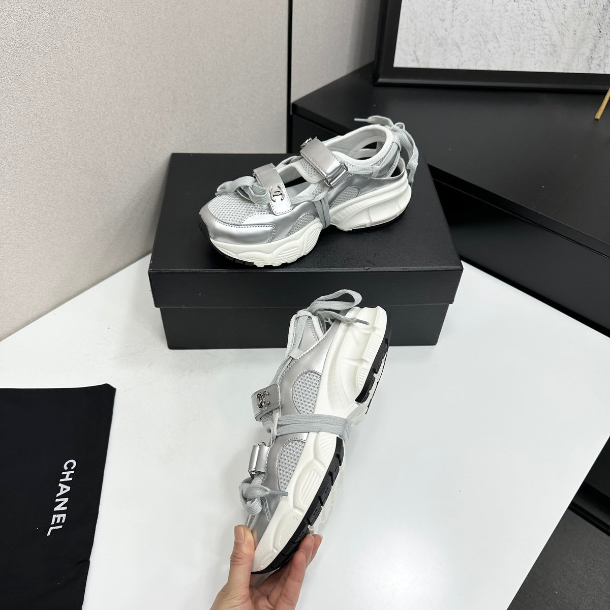 CC 26s Strappy Sneakers Silver Fabric Calfskin 135667