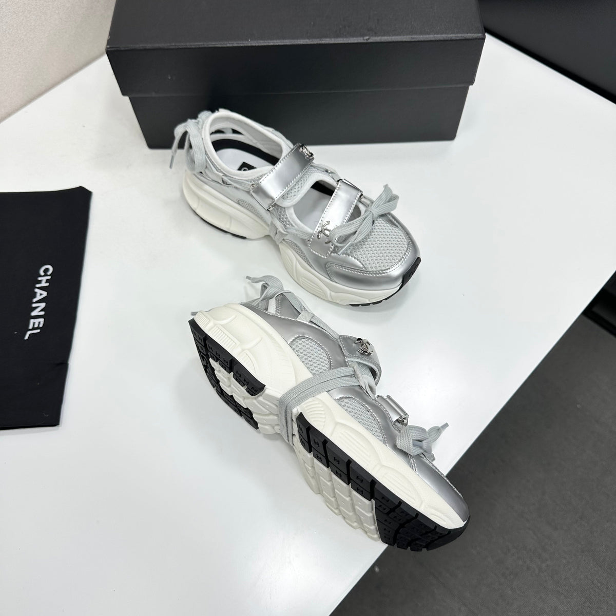 CC 26s Strappy Sneakers Silver Fabric Calfskin 135667