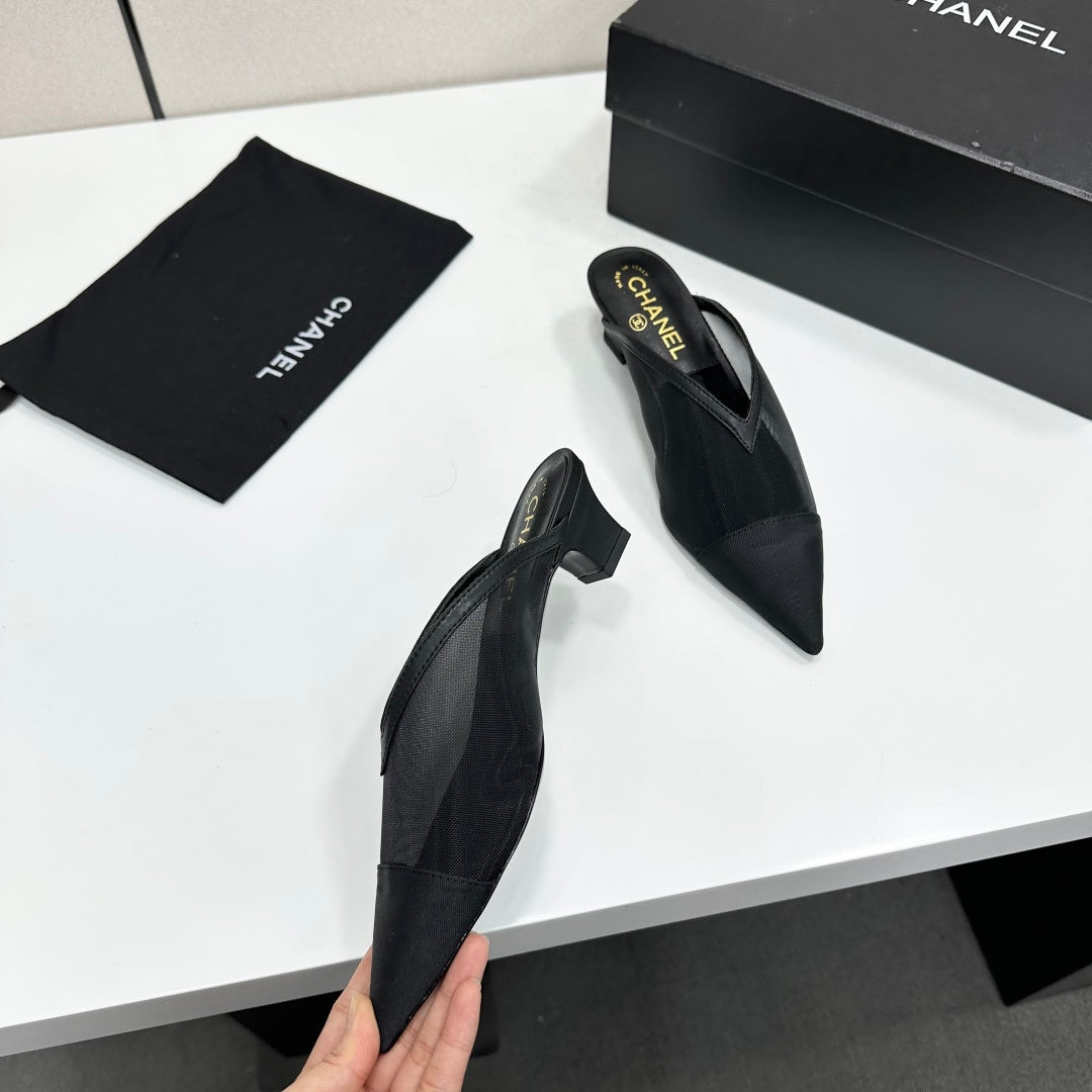 CC 26s Pointed-Toe Kitten Heel Mules Black Mesh 926391