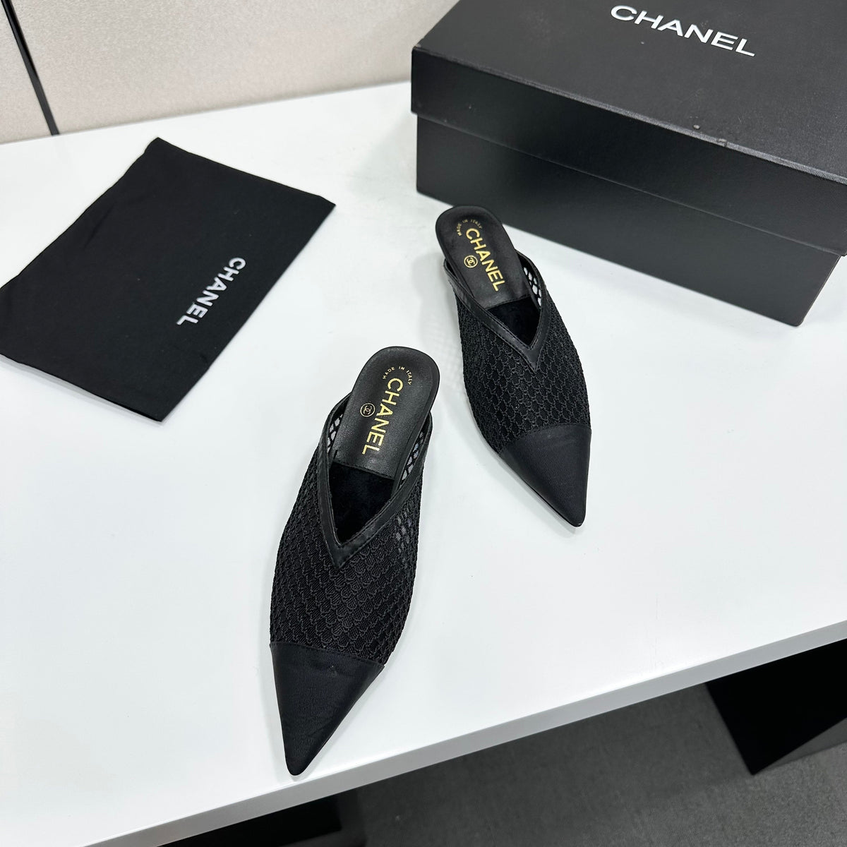 CC 26s Mules Black Mesh Calfskin 135479