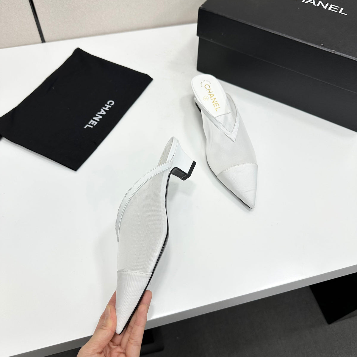 CC 26s Mules White Fabric Grosgrain Calfskin 135482