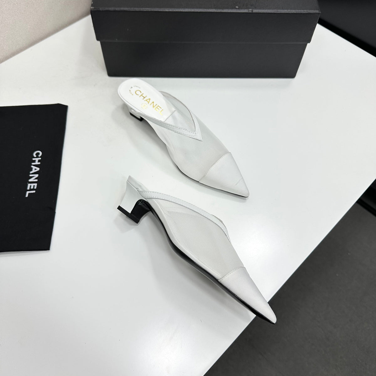 CC 26s Mules White Fabric Grosgrain Calfskin 135482