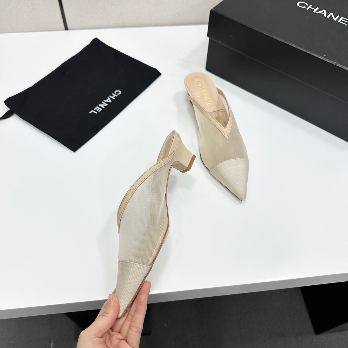 CC 26s Mules Beige Fabric Grosgrain Calfskin 135484