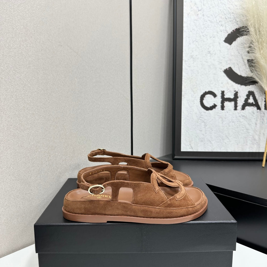 Chanel 26s Flat Sandals In Brown Suede