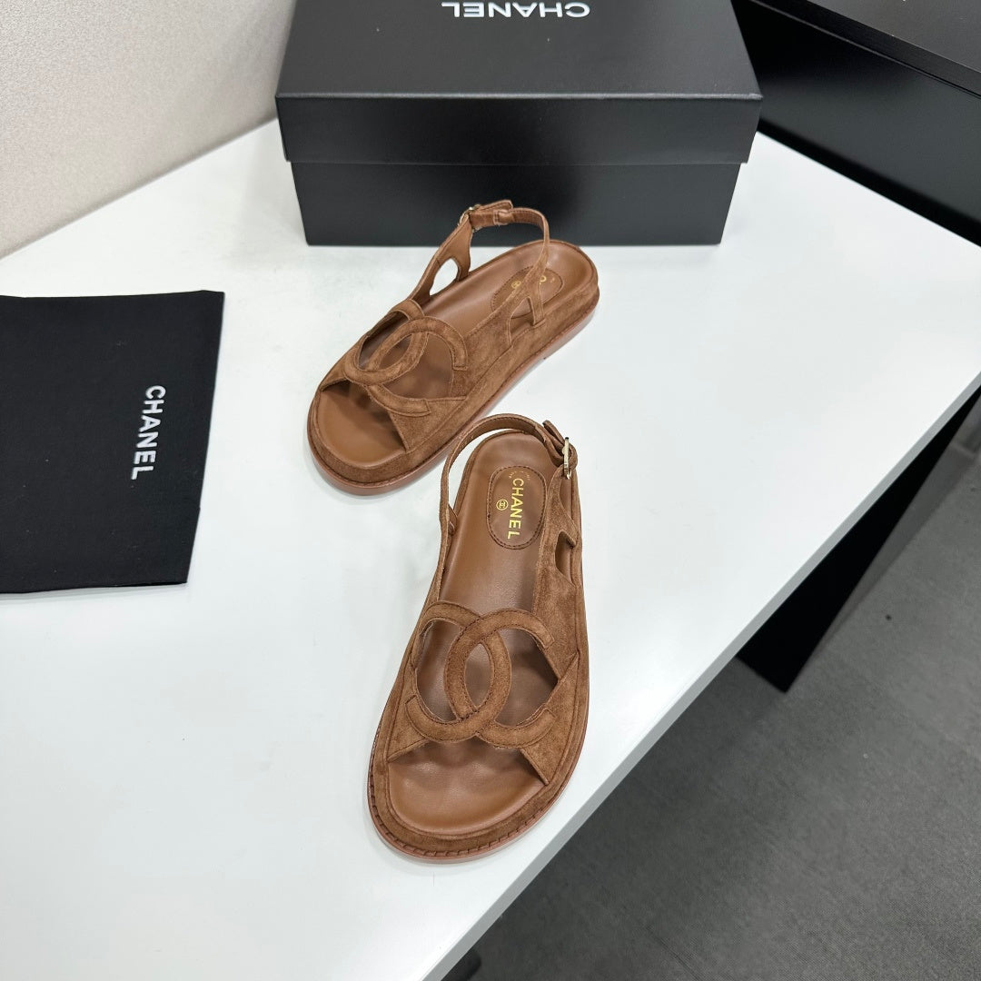 Chanel 26s Flat Sandals In Brown Suede