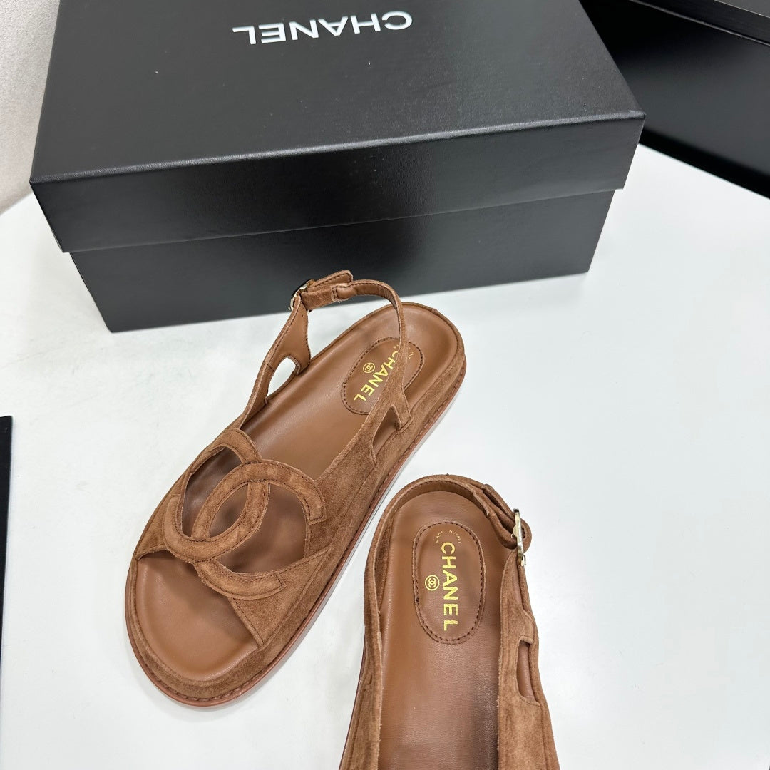 Chanel 26s Flat Sandals In Brown Suede