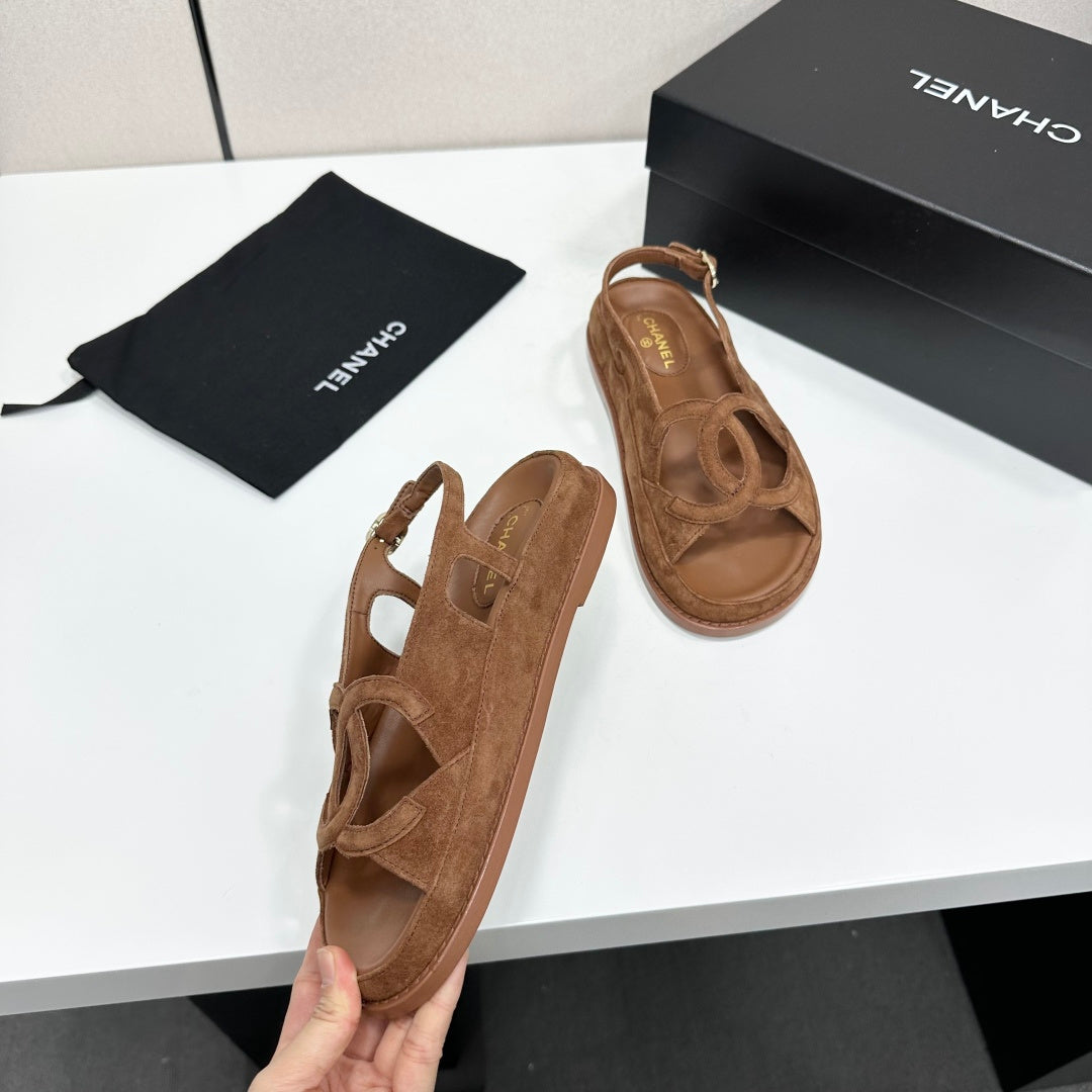 Chanel 26s Flat Sandals In Brown Suede