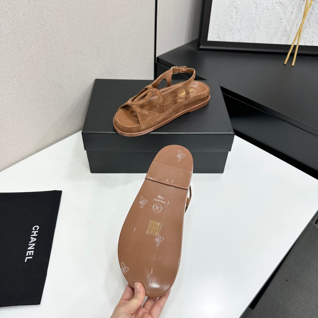 Chanel 26s Flat Sandals In Brown Suede