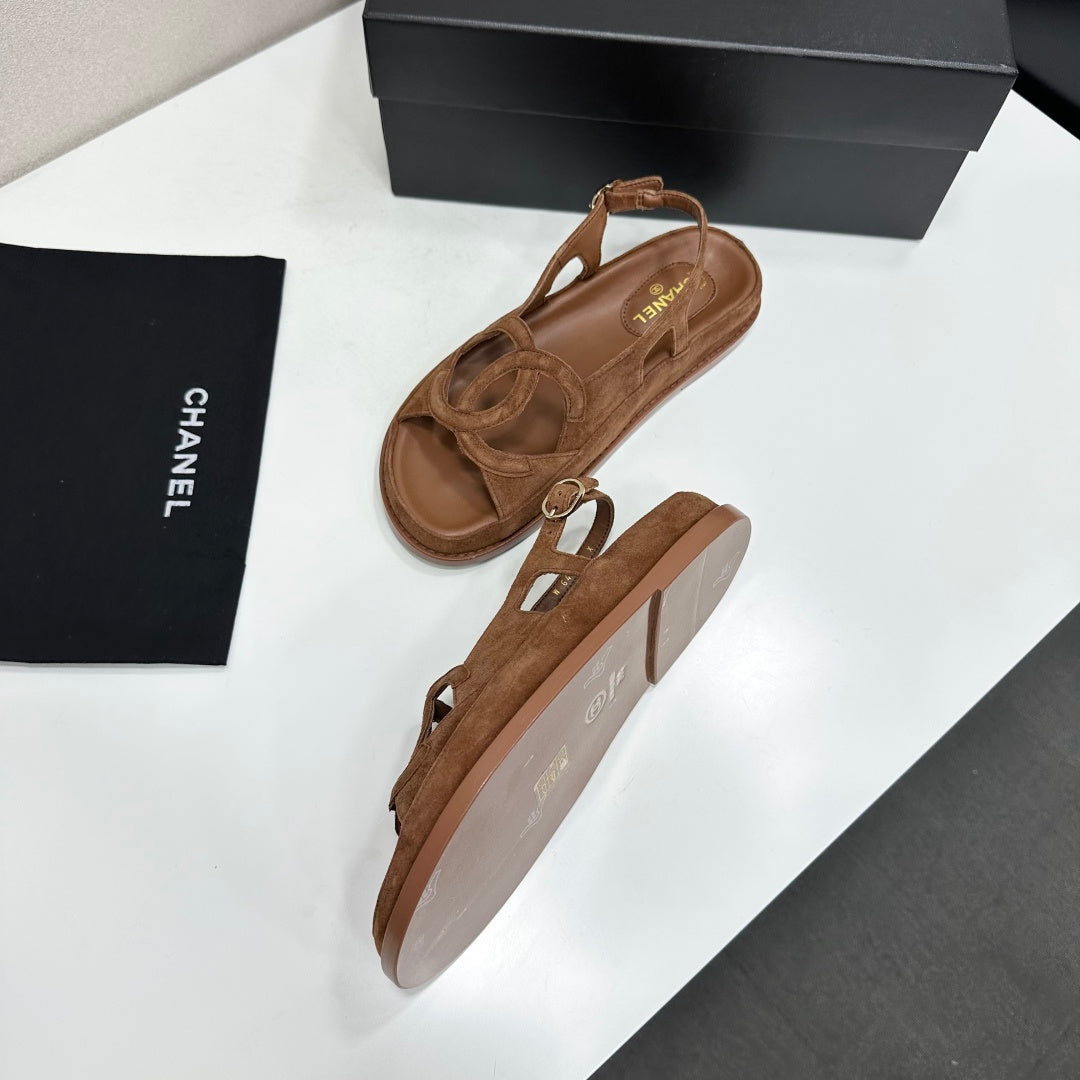 Chanel 26s Flat Sandals In Brown Suede
