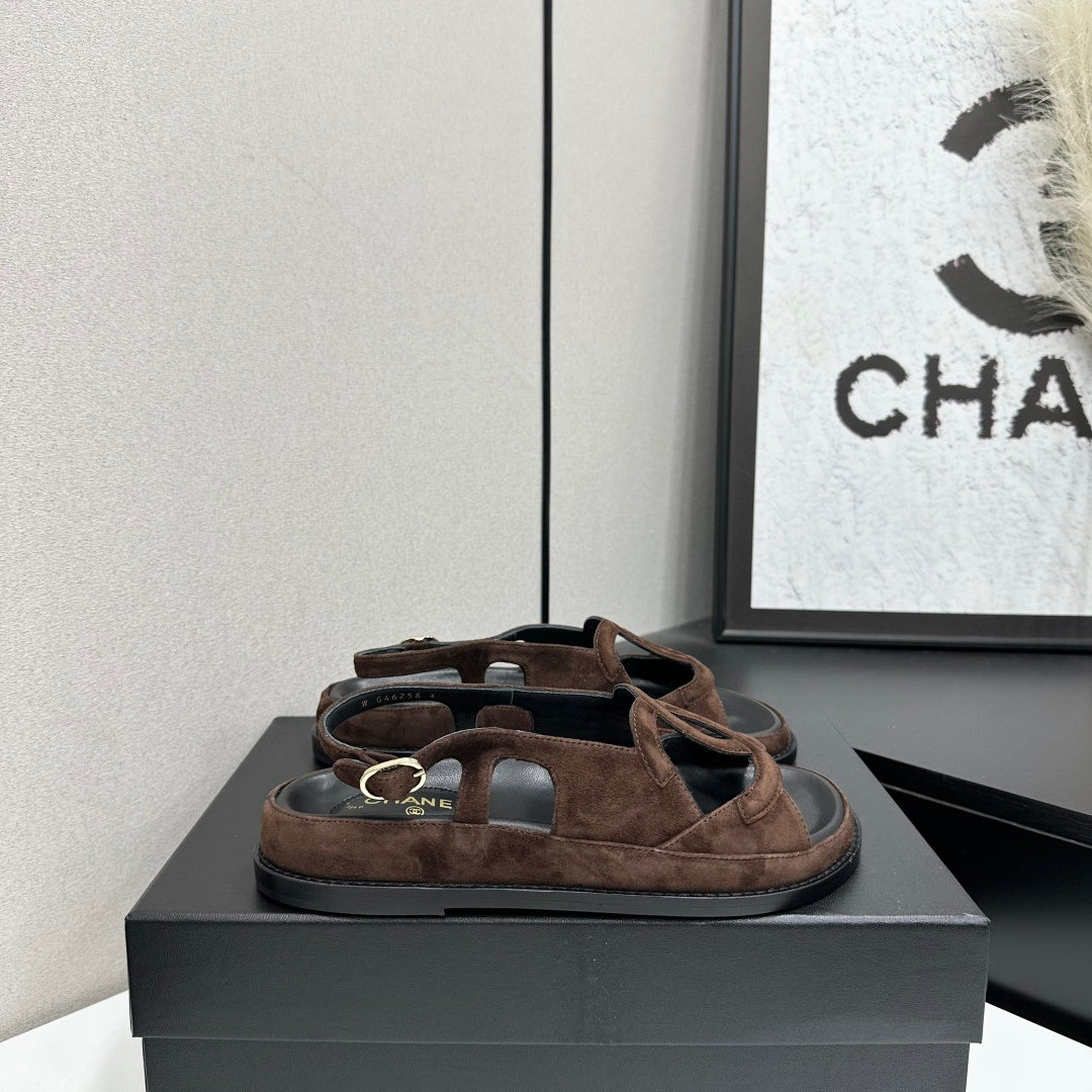 Chanel 26s Flat Sandals In Dark Brown Suede